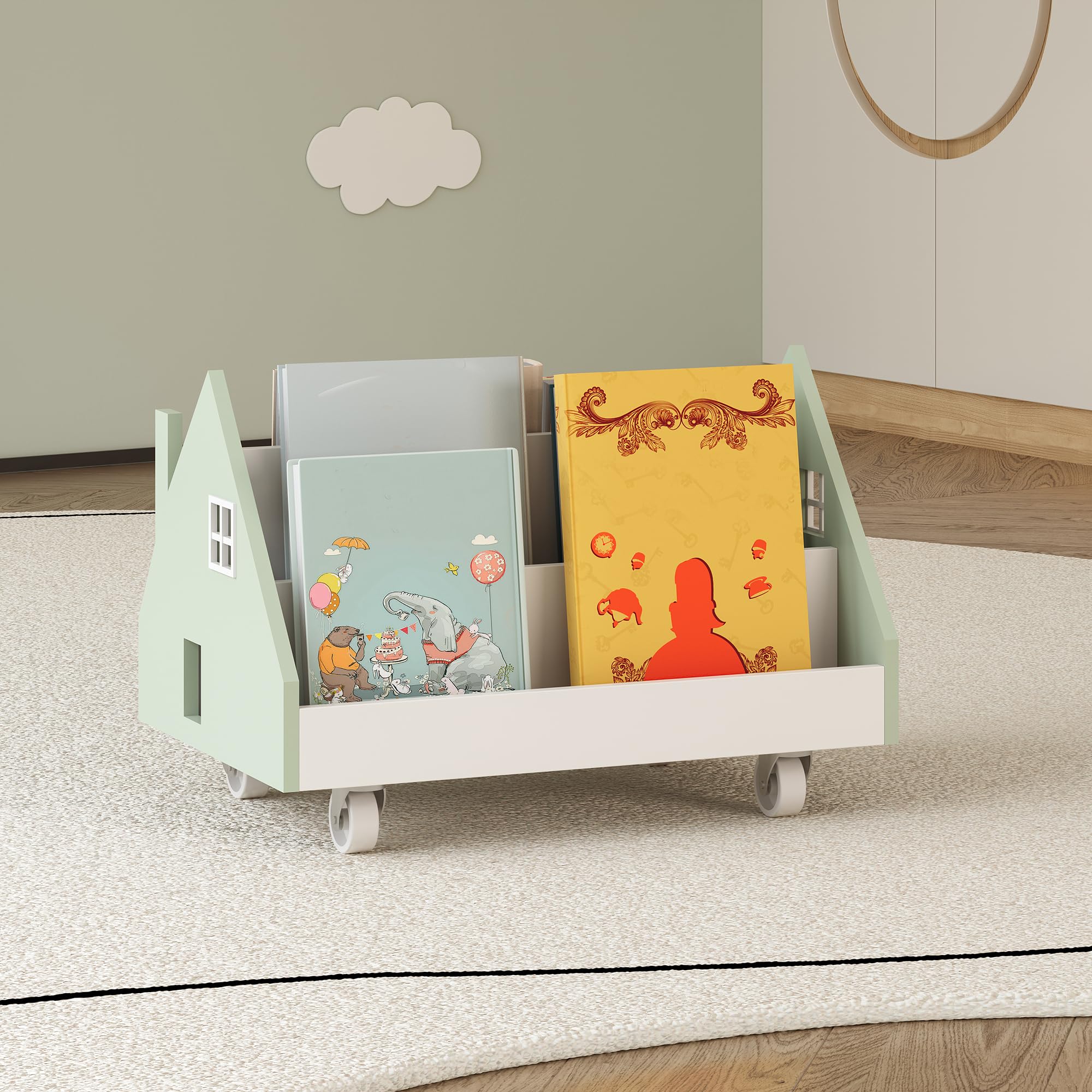 [en.casa] Étagère Mobile pour Enfants en Forme de Maison avec 4 Compartiments Ouverts Bibliothèque sur roulettes Organisateur de Livres et Cahiers Esthétique MDF 50 x 33 x 34 cm Vert Menthe Blanc