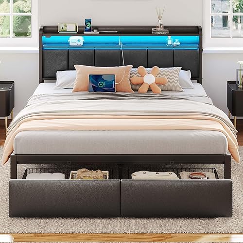 Miniatura 29 de Rolanstar Base de cama tamaño King con estación de carga y luces LED, cabecera de piel sintética con estantes de almacenamiento, listones de metal