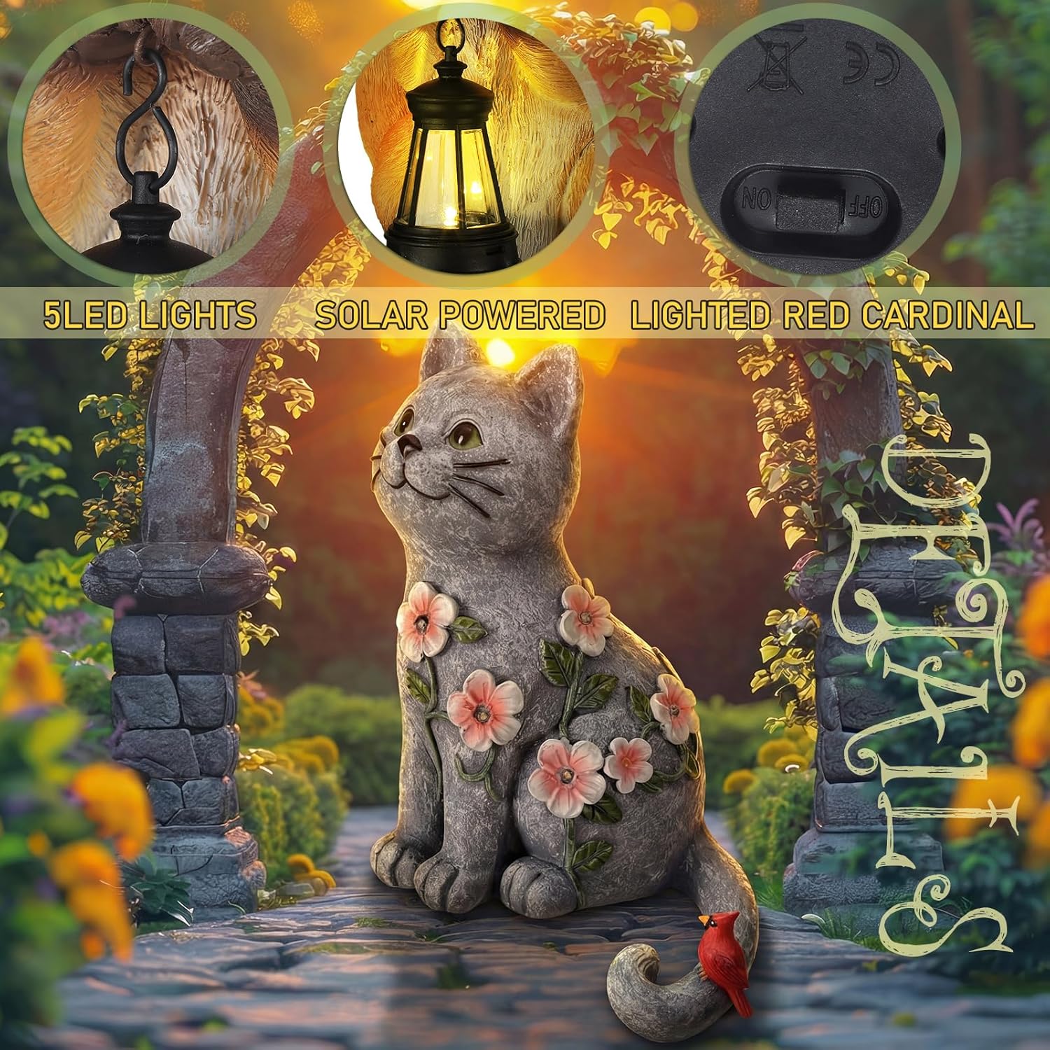 Amyhill Cat Outdoor Statues for Garden Decor Solar Light with Cardinal Flower for Outside Art Lawn Ornaments Porch Patio Balcony Home House Birthday Gifts for Grandma Mom Women