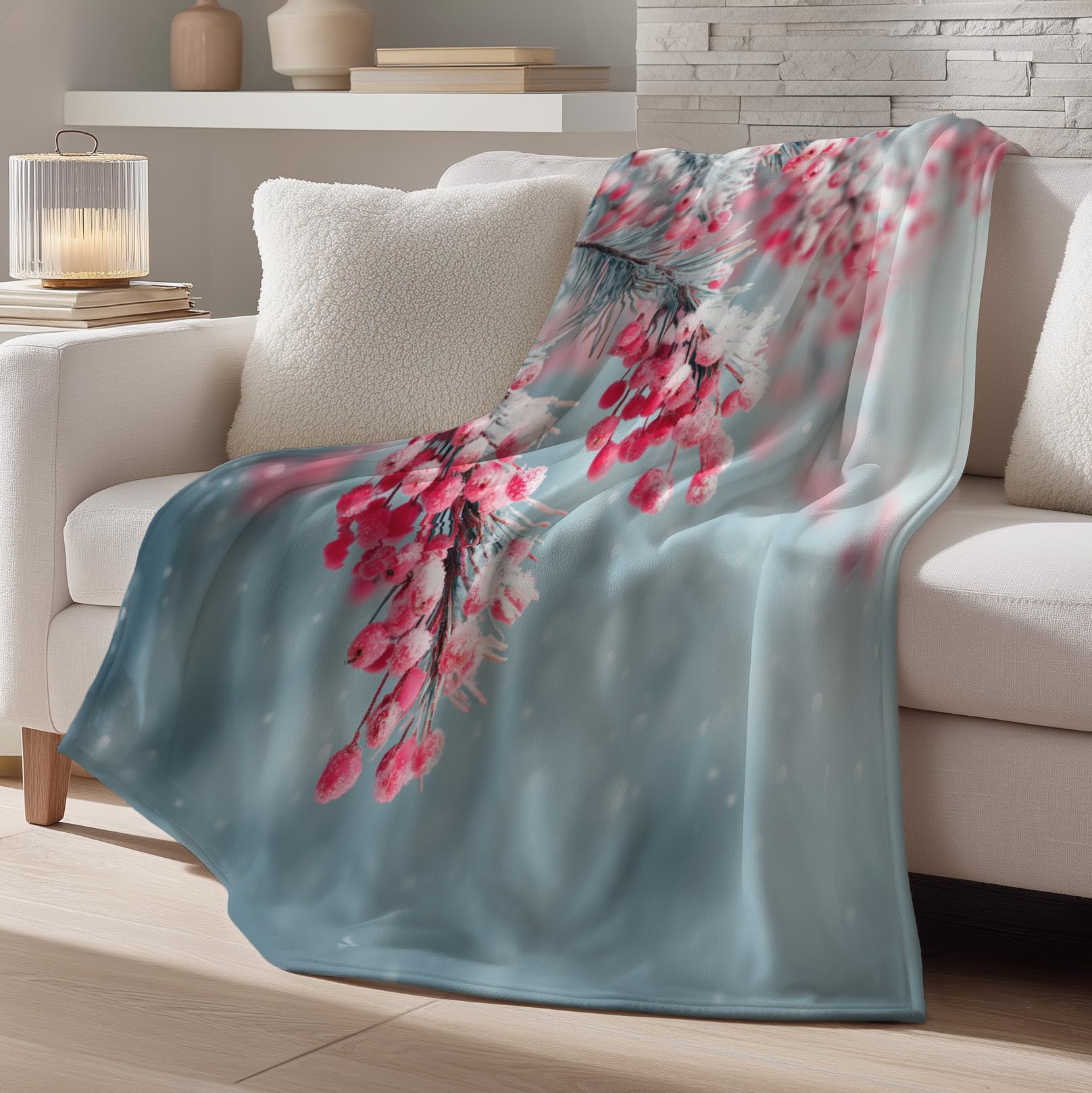 Generico Coperta Singolo Grigio Nebbia Lavabile in Lavatrice, Calda e Confortevole Coperte Pelosa per Divano e Letto, Floreale Bacche Ghiacciate Inverno Coperta Delicata sulla Pelle 150 x 200 cm