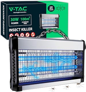 V-TAC Elektrische insectenbescherming, 30 W, met werkingsbereik van 100 m², slank design, vliegengaas met blauw uv-licht voor binnen en buiten, elektrische val tegen muggen en insecten, vermogen 30 W