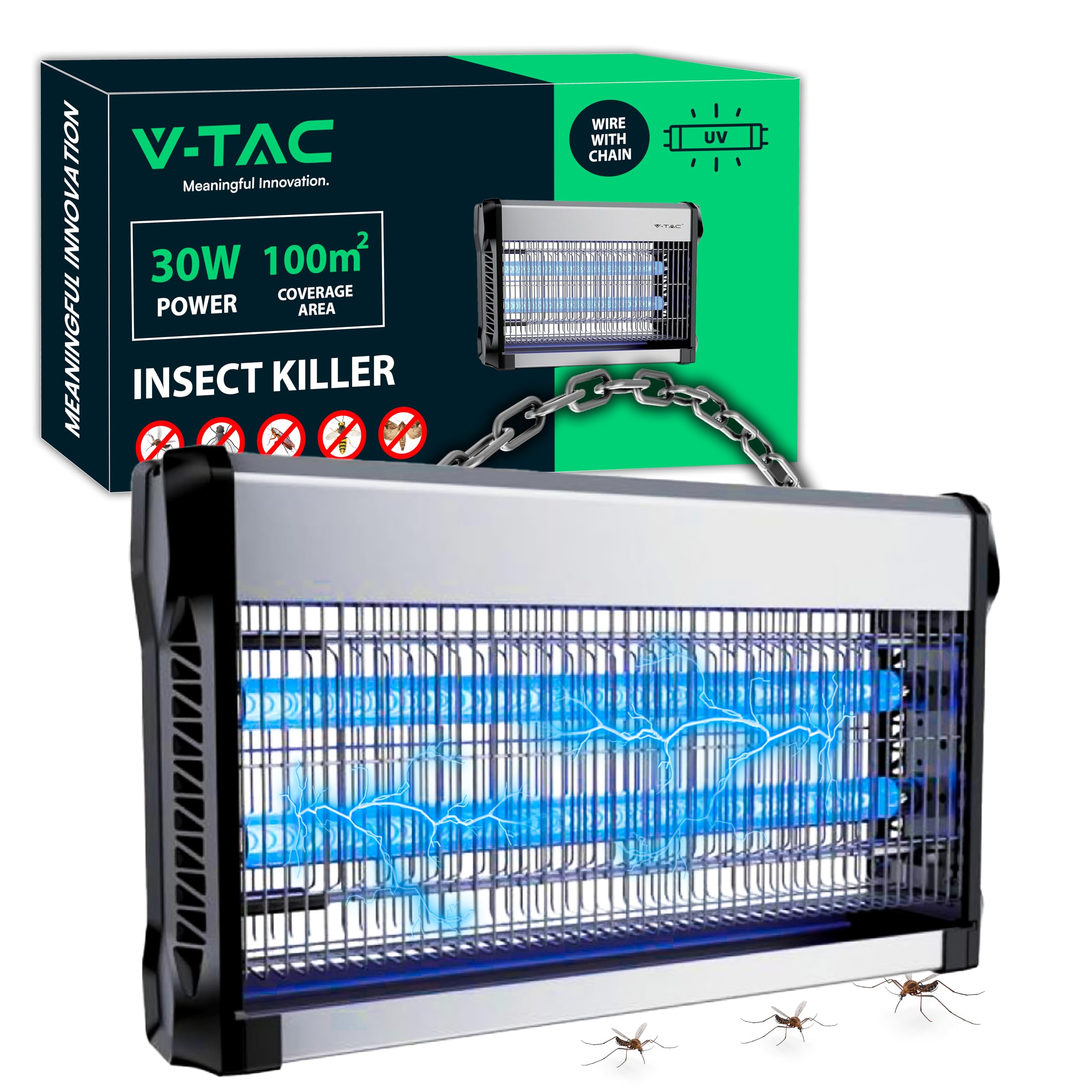 V-TAC Zanzariera Elettrica 30W con Area di Azione 100 m² - Design Sottile - Zanzariera con Luce Blu UV per Uso Interno ed Esterno - Trappola Elettrica contro Zanzare e Insetti - Potenza 30W