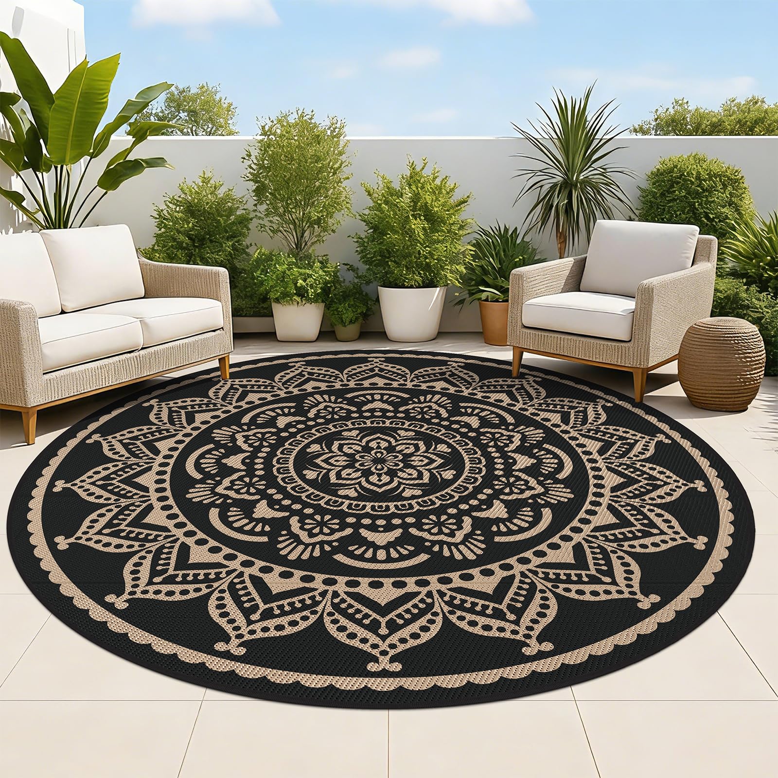 Bsmathom Waterproof Outdoor Rug 6ft Round Reversible Boho Plastic Straw Patio Deck Camping Rugs, Indoor Outdoor Portable RV Mat Carpet for Outside, Porch, Balcony, Backyard, Beach, Pool,Black