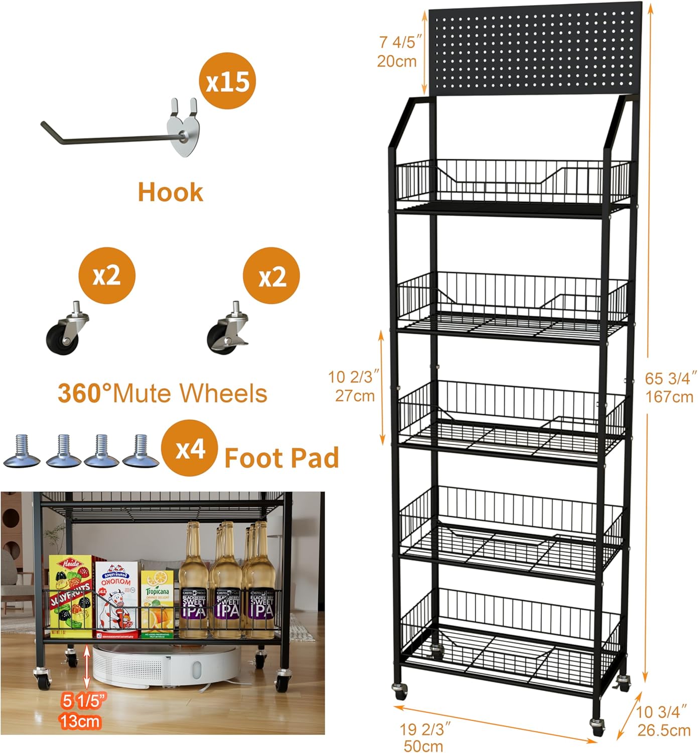 5 Tier Retail Storage Rack, Snack Rack Display Stand, Retail Display Organizer Shelves with Hooks & Wheels, Metal Snack Shelf for Store Home Kitchen, Black Chip Rack Display Stand (5 Tier)