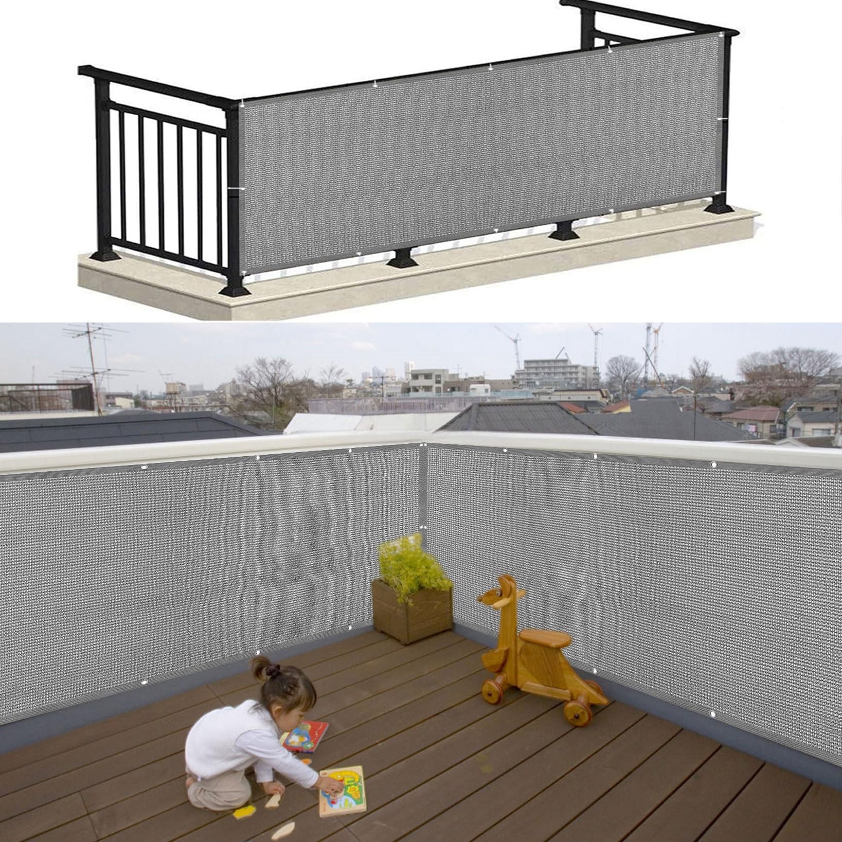 Balcony Privacy Screen Cover 125 x 700 cm Weatherproof UV Protection Heavy Duty Fencing Mesh with Holes and Cable Ties for Outdoor, Garden, Backyard, Rails, Light Grey