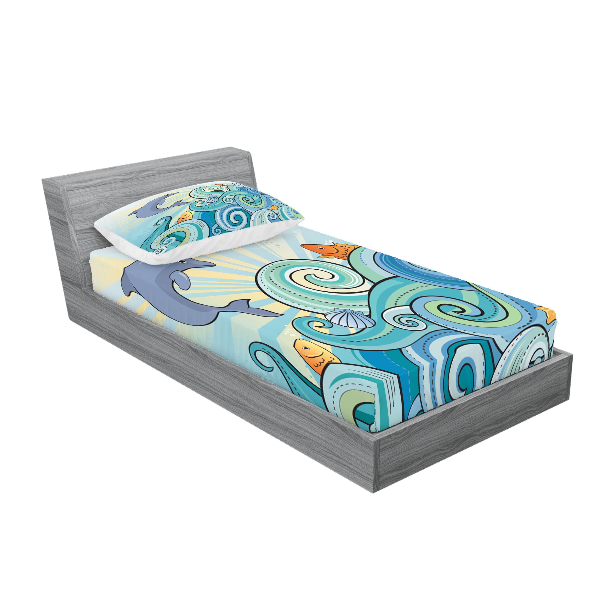 Ambesonne Sea Animals Fitted Sheet & Pillow Sham Set, Cartoon Dolphin Fish Starfish Shells in Ocean Marine in Summer Pattern Print, Decorative Printed 2 Piece Bedding Decor Set, Twinxl, Blue