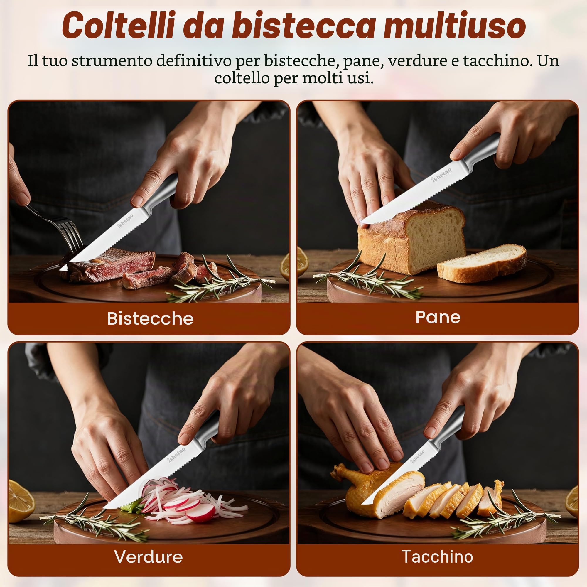 Set di coltelli da bistecca,coltello seghettato, set di coltelli affilati in acciaio inossidabile, set di 6 coltelli da tavola, lavabili in lavastoviglie, robusti e facili da pulire