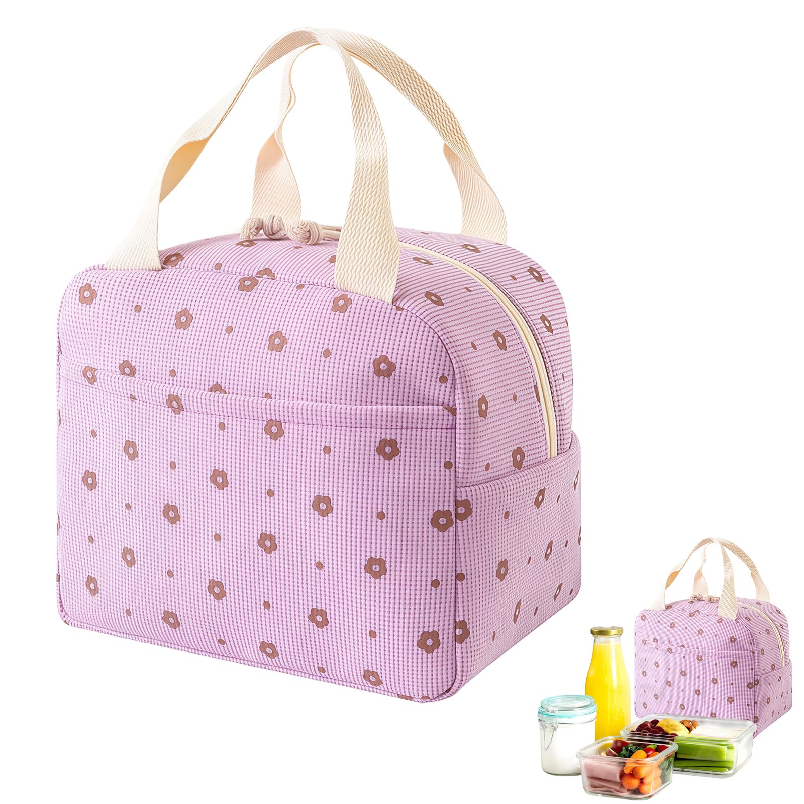 Lunch Bags for Women Men,Floral Large Capacity Corduroy Insulated Lunch Bag for Girls Women,Leak Proof Cooler Bag with Handle for Kids Girls Boys Adults Work School Picnic Travel Beach Lunchboxes