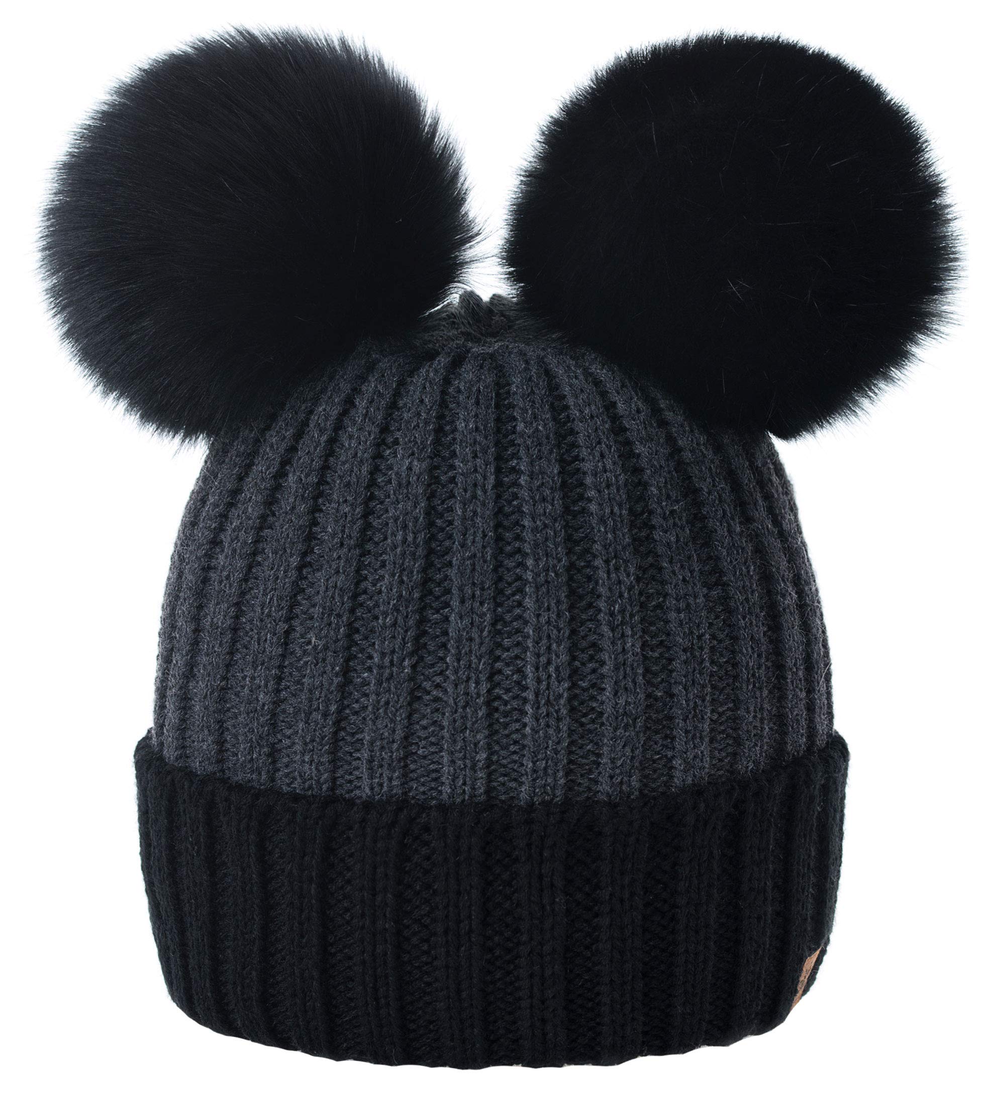 Girls Winter Beanie Hat Knitted Hats Kids Girl With Large Double Pom Pom Ski MFAZ Morefaz Ltd (Black Dark-Grey)