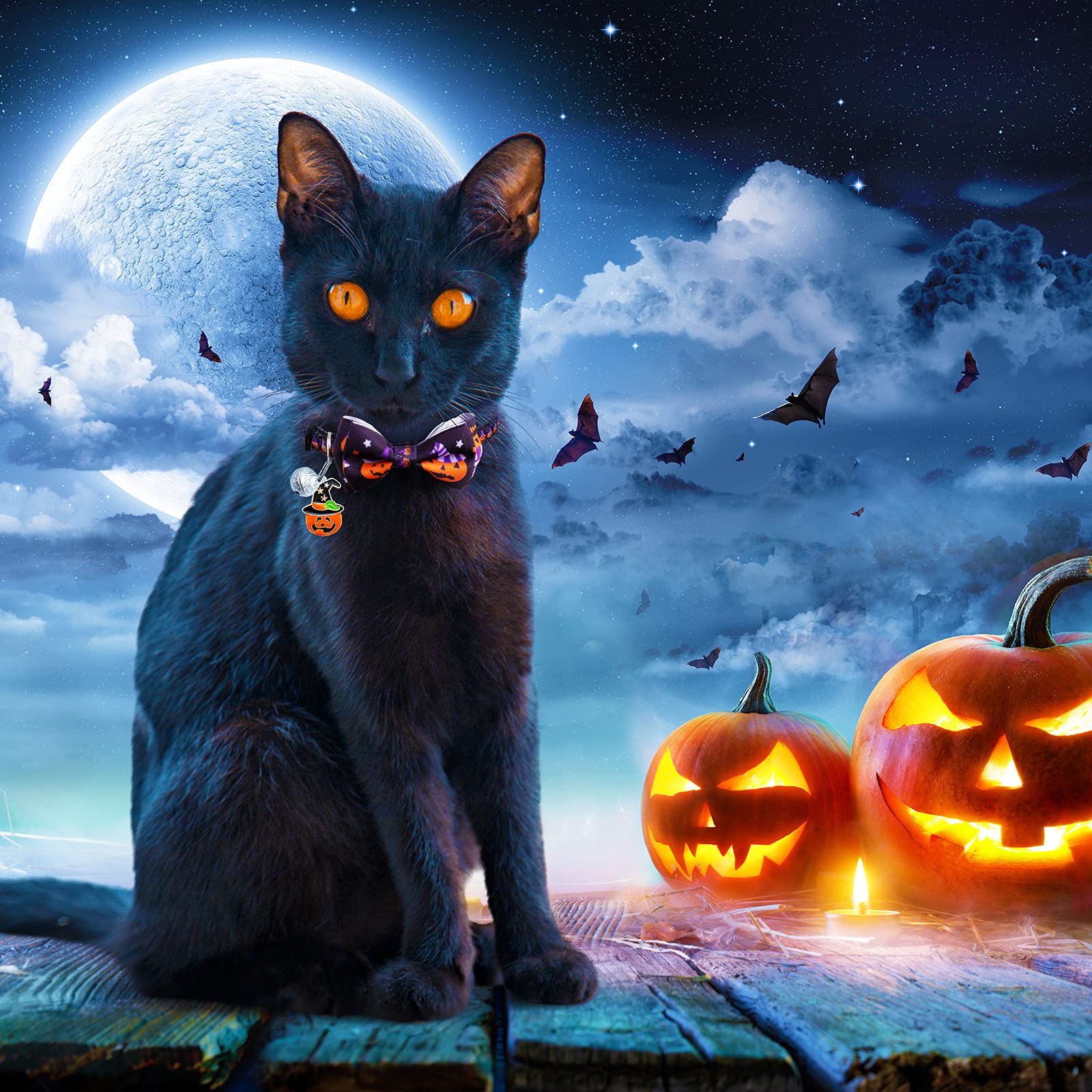 LLHK Halloween-Katzenhalsband mit Fliege und Glöckchen, Breakaway-Kätzchen-Halsband für Mädchen, Jungen, Katzen, verstellbar, 17,8–30,5 cm, für Kätzchen, ausgewachsene Katzen, Haustierbedarf, 4 Stück