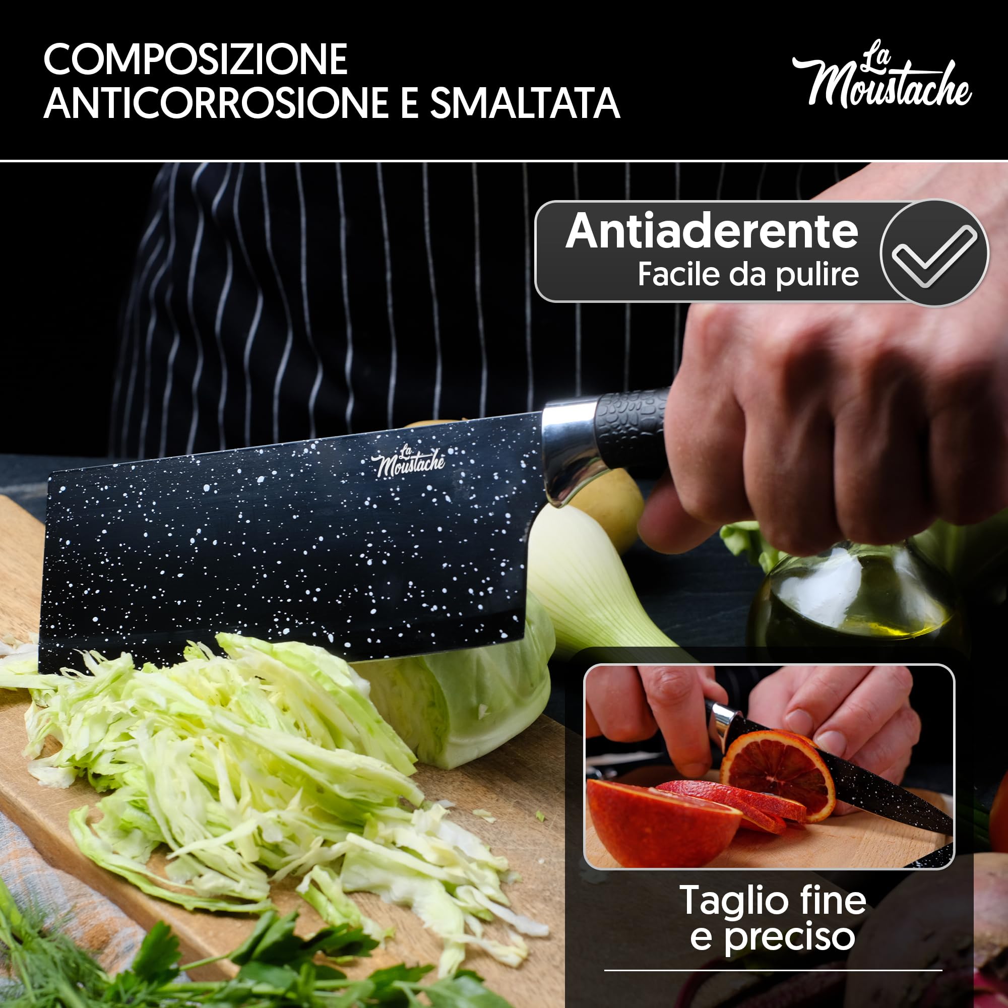 La Moustache - Set di Coltelli 7 Pezzi da Cucina Professionali, Inossidabile e Antiaderenti, Forbici, Pela Verdure, Coltelli da Chef per Pane e Carne, Ergonomici e Prova di Calore (Marmo)