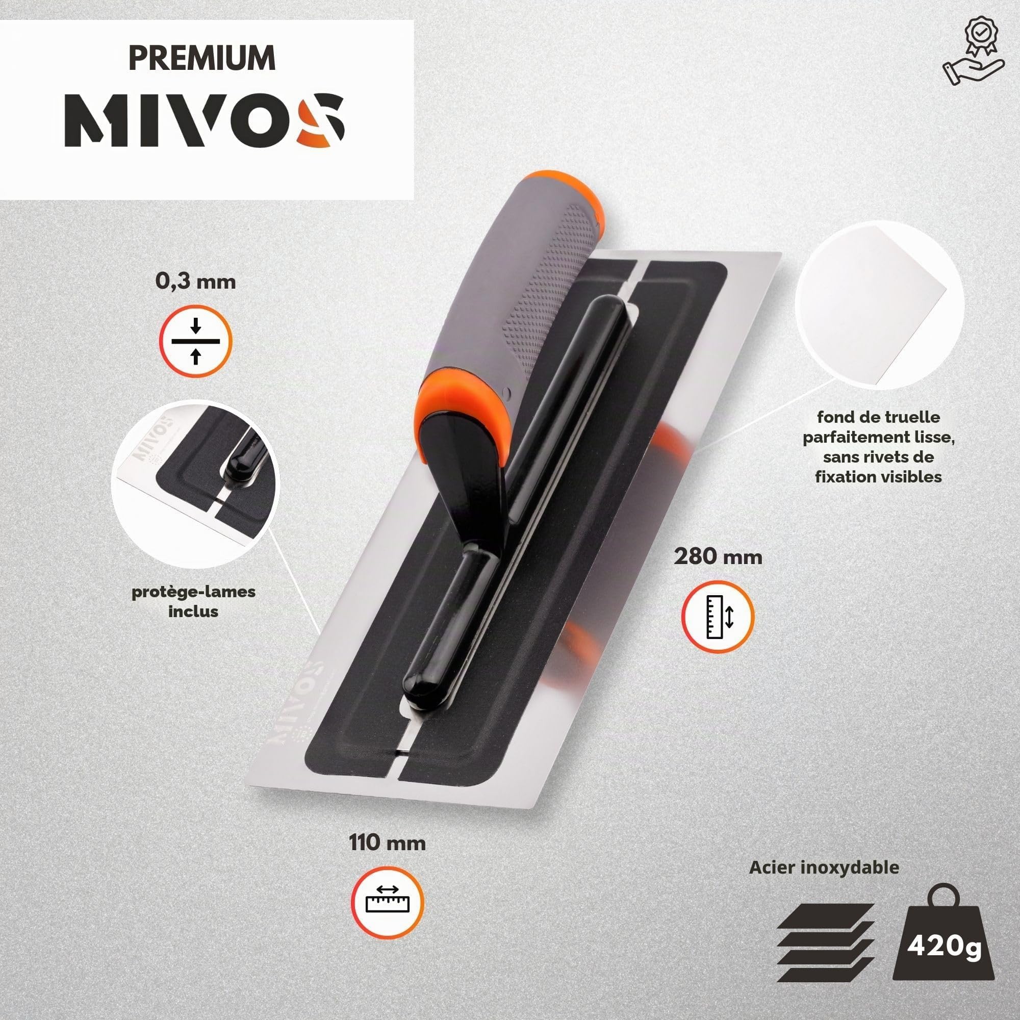 MIVOS Pelle à enduire Premium en acier inoxydable de haute qualité 280x110mm - Spatule pour enduit professionnel - Lisseuse - Outil de cloison sèche - Poignée ergonomique et antidérapante - FABRIQUÉ