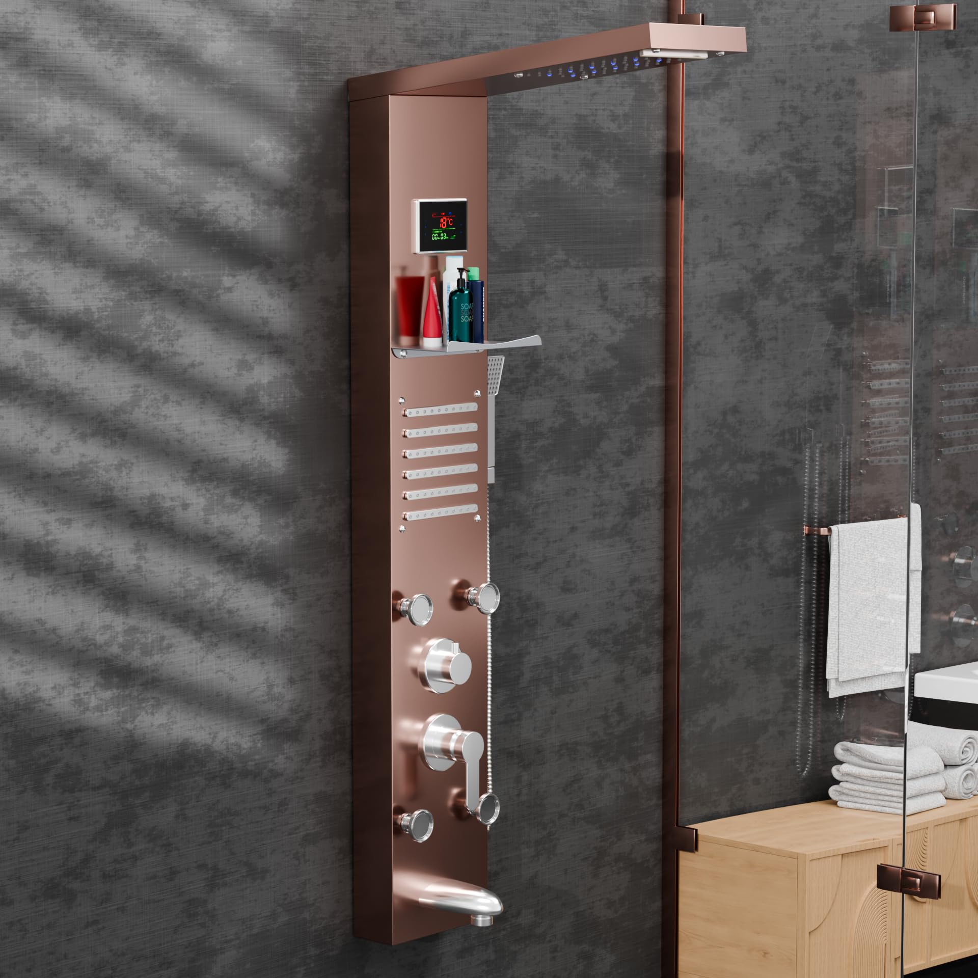 InArt Multifunction 8 in 1 Shower Panels For Bathroom SS304 Grade Thermostatic Shower System With LED Rainfall Shower, Hot & Cold Water Adjustable, Massage, Hand Shower & Water Spout & Built-in Shelf
