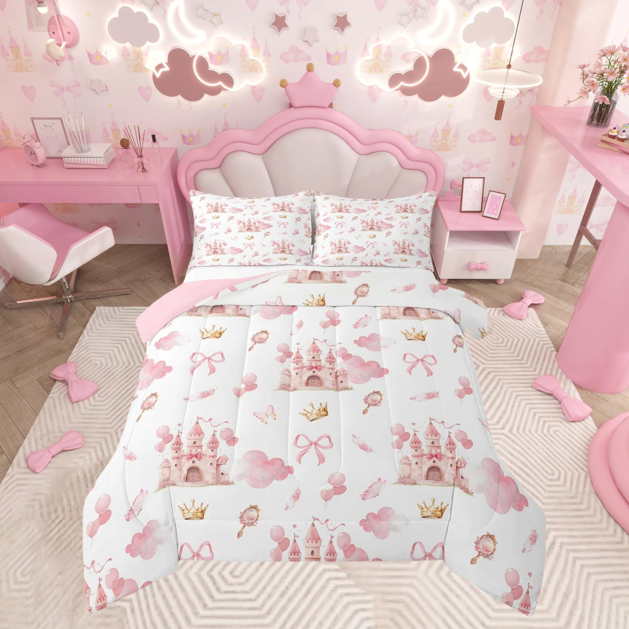 Feelyou Kids Pink Castle Duvet Insert Twin Size, Cute Bowknot Comforter Set Boys Girls Girls Dreamy House Bedding Set Fairytale Teens Bedroom Decor Bed Set 2Pcs-image-12