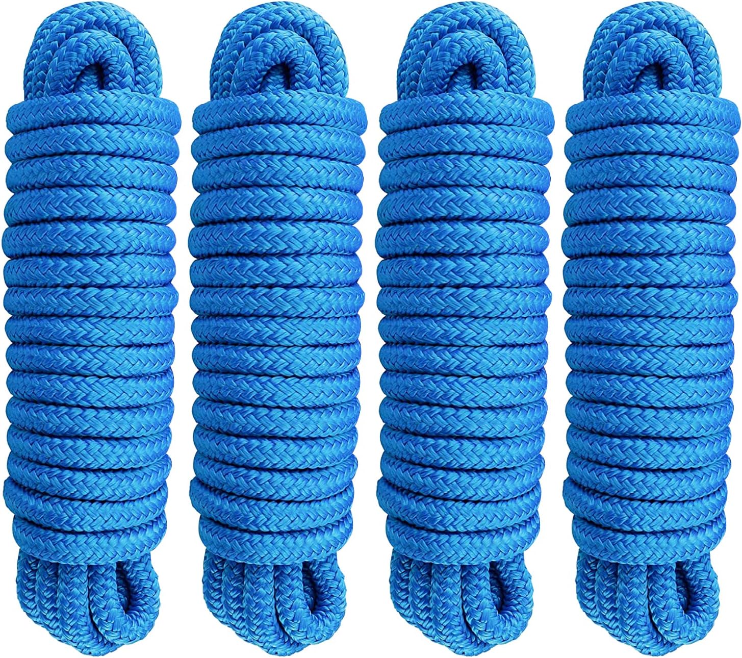 Amarine Made Double Braided Nylon Dock Lines with Loop 4840 lbs Breaking Strength (L:15 ft. D:1/2 inch Eyelet: 12 inch) 4 Pack of Marine Mooring Rope Boat Dock Lines Working Load Limit:968 lbs Blue
