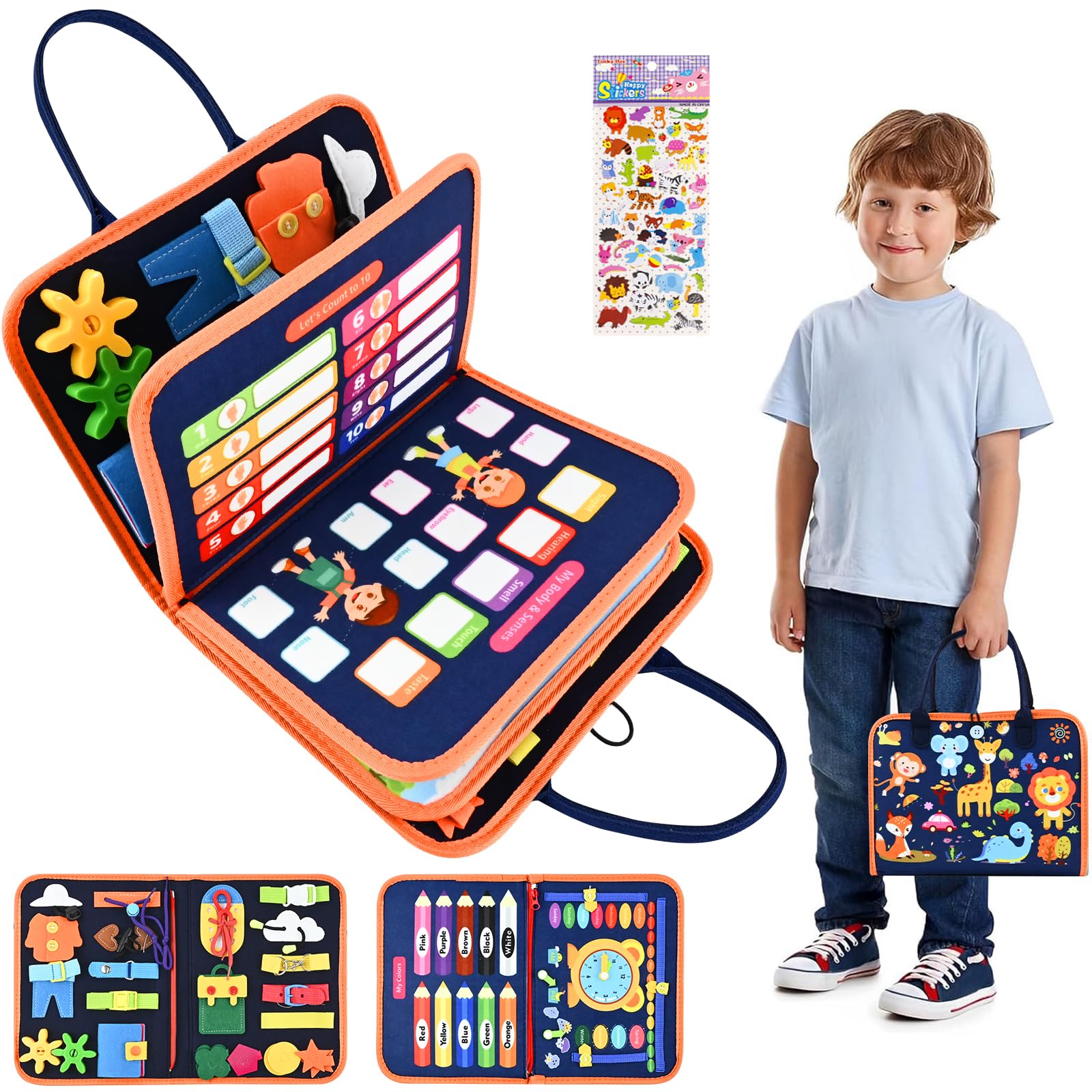 MHKBD 8 en 1 Tablero Montessori, Juguetes Montessori Sensoriales Tablero para 1-3 años, Juguetes Educativos para Aprender Habilidades Básicas para la Vida, Regalo para Niños (Naranja)