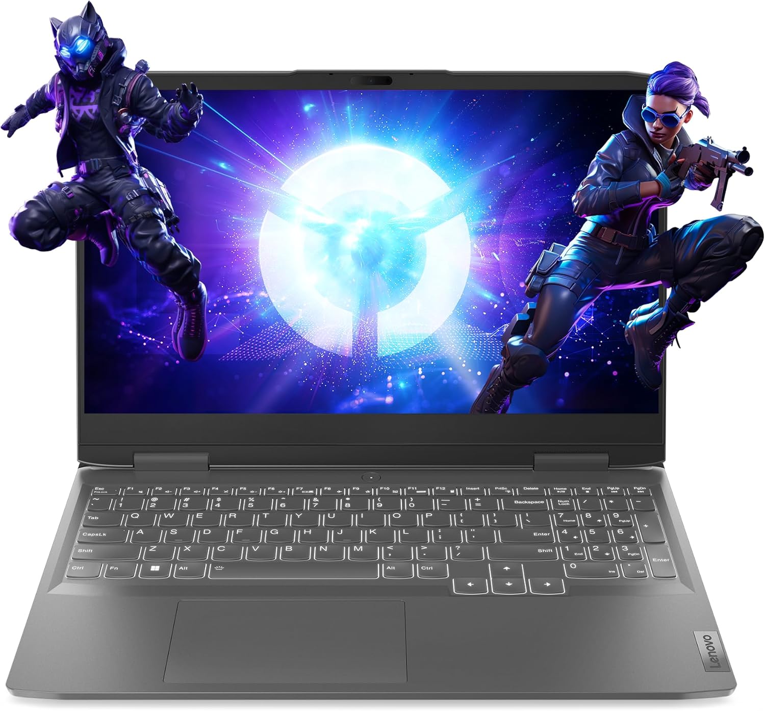 Notebook frontal com tela exibindo fundo espacial/galáctico em tons roxo e azul com brilho intenso ao centro; fundo branco liso ao redor do aparelho.