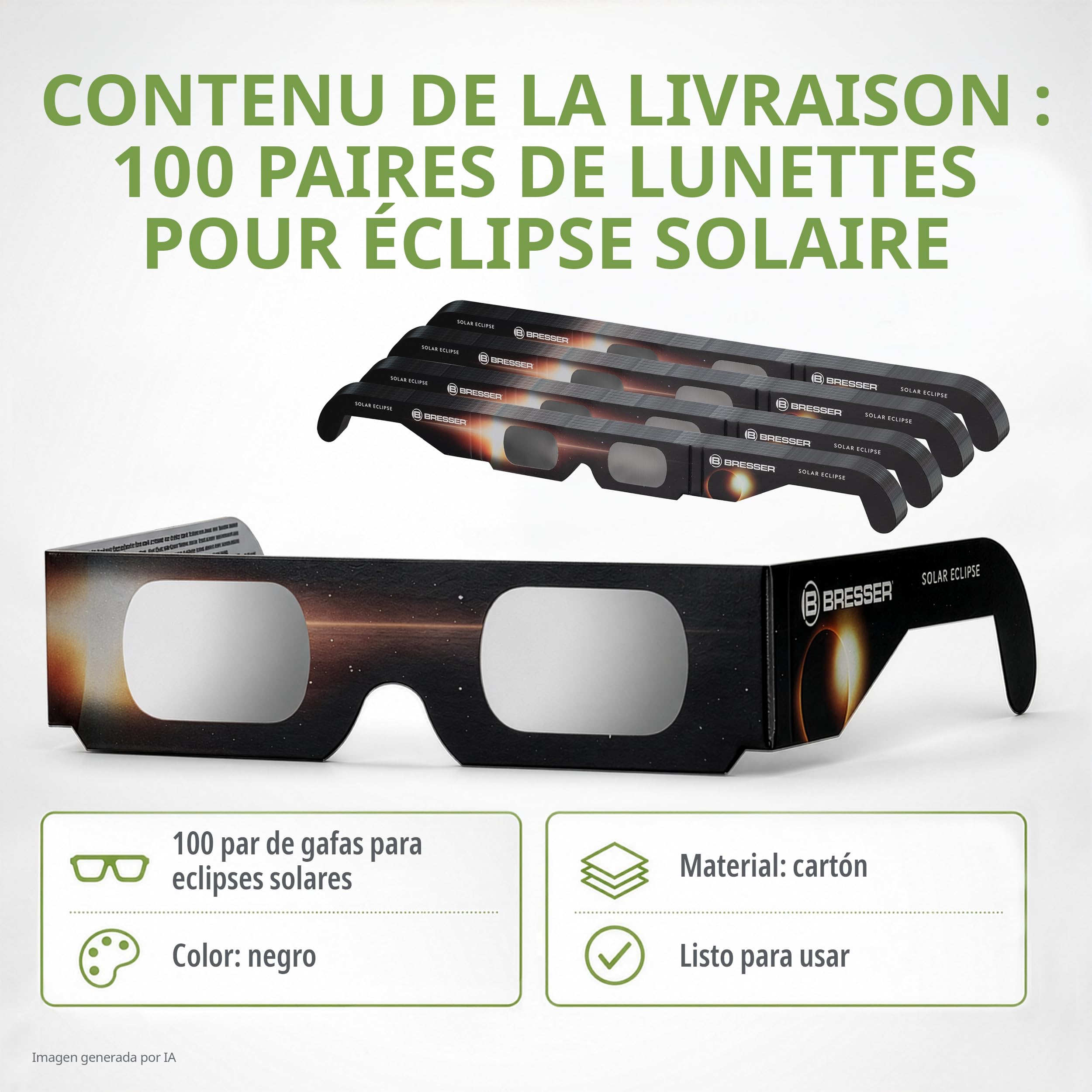 Bresser Gafas Eclipse Solar homologadas CE ISO 12312-2 pack 100 Diseño B | Absolutamente seguras, listas para los eclipses solares 2026, 2027, 2028, lámina astrosolar, imagen solar amarilla natural