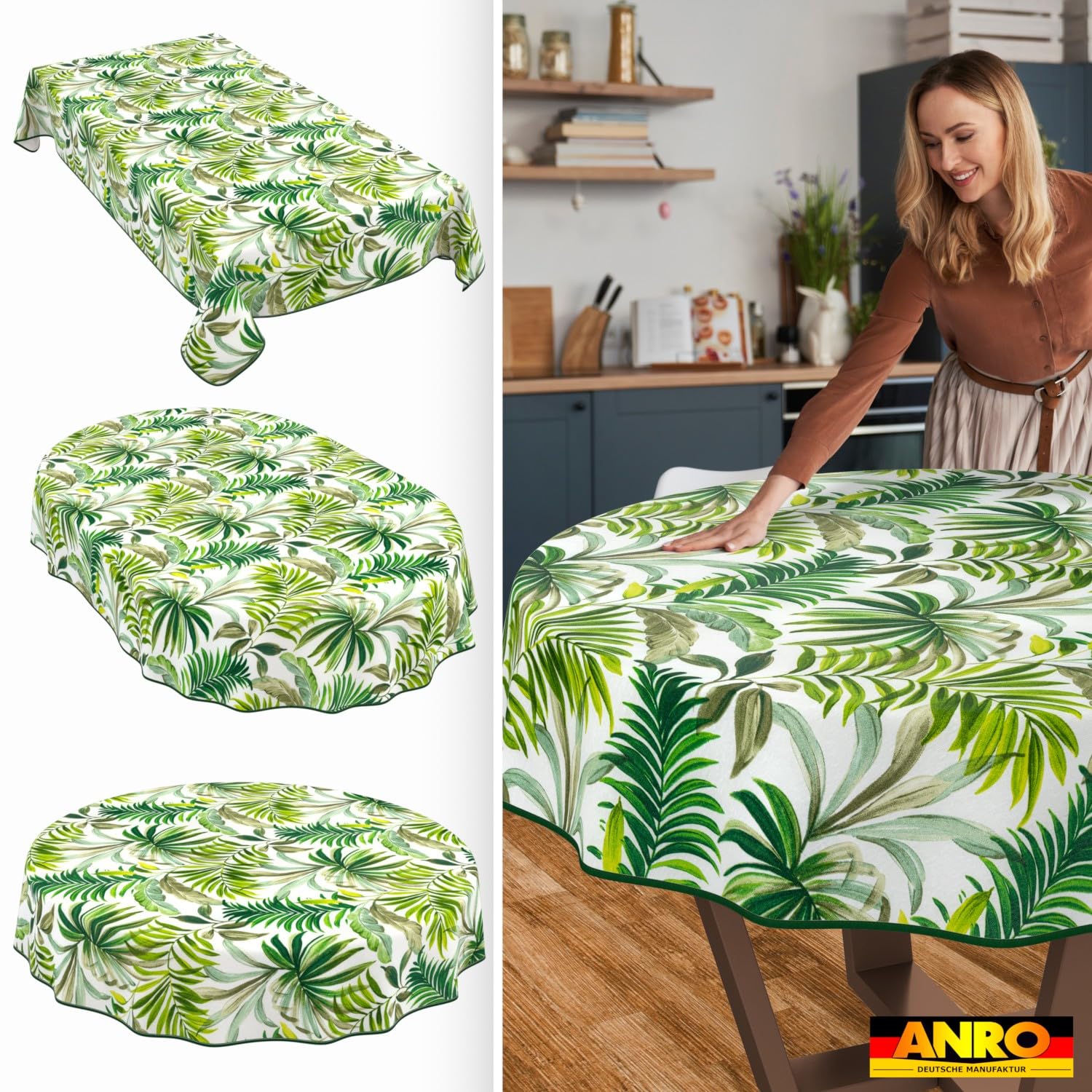 ANRO Tischdecke abwaschbar Palmen Rund 140 cm – wasserabweisend Indoor Outdoor, Lotuseffekt, mit Saum
