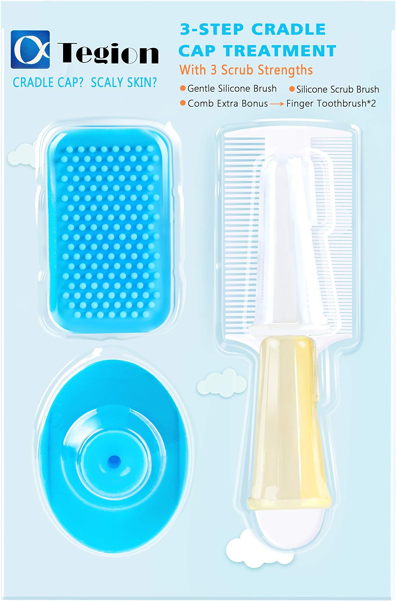 3-Step Cradle Cap System with 3-Level Scrub Strength- Silicone Bath Brush-Gentle Scrub, 2-Side Scalp Scrubbie-Moderate&Strong Scrub, Comb, Bonus Tooth Brush*2,