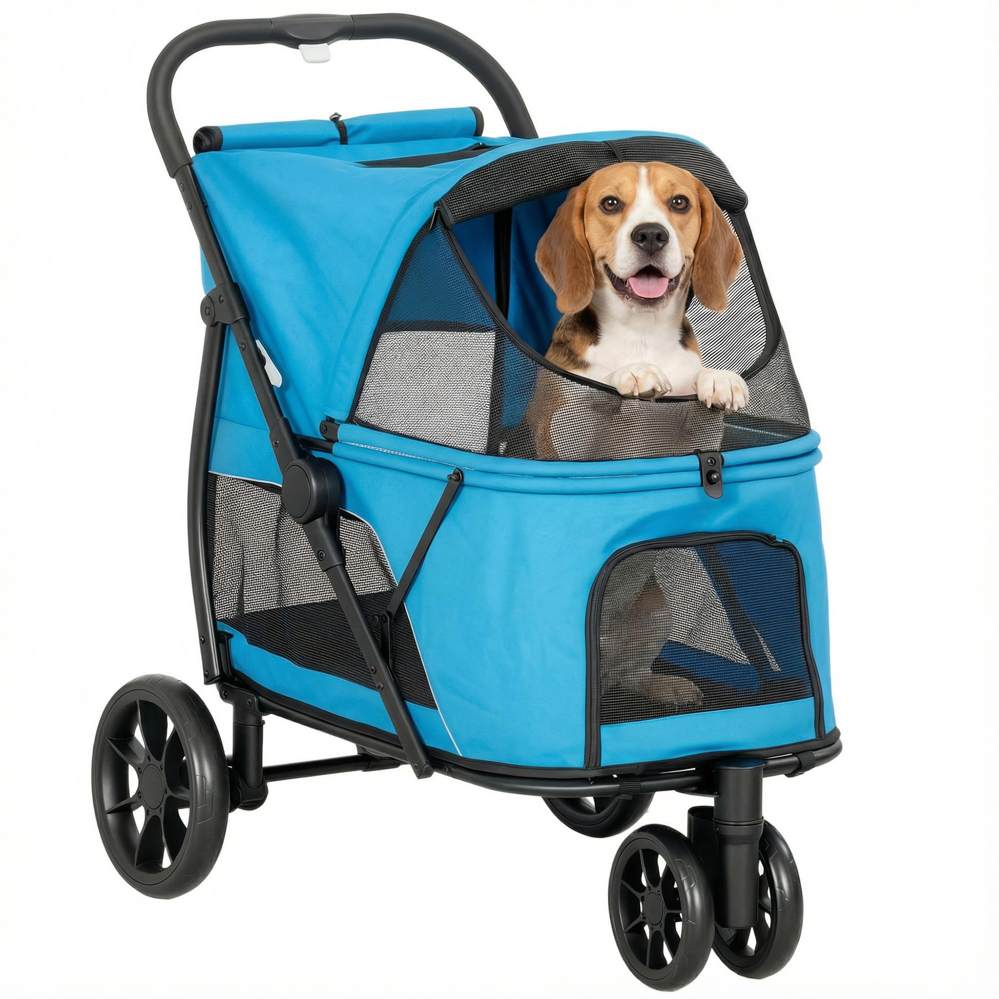 PawHut Carrito para Perros Plegable 3 Ruedas Frenos 92x63x95 cm Azul | Cochecito para Perros Medianos, Ventanas de Malla, Cojín Lavable, Bolsillo, Correas de Seguridad, Todo Terreno, Carga 20 kg
