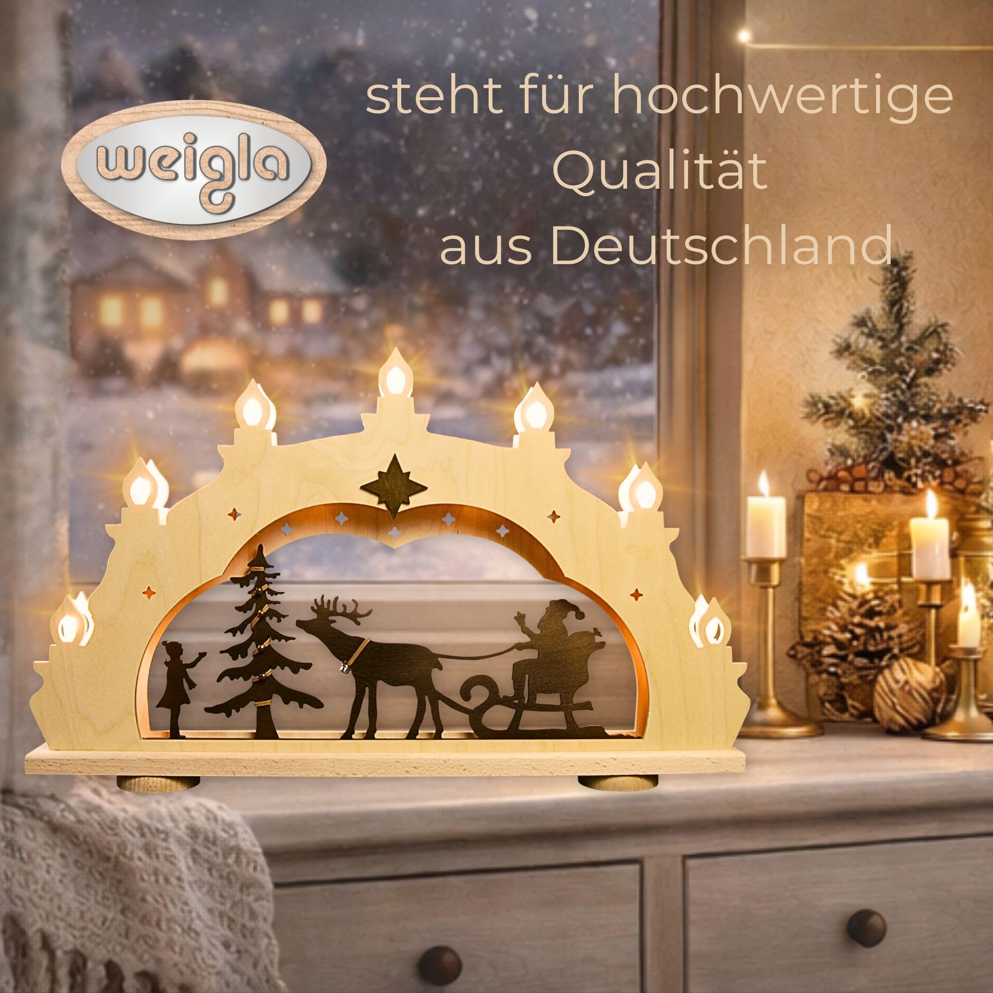 weigla - Schwibbogen original Erzgebirge I LED Lichterbogen Weihnachten I Motiv Weihnachtsmann auf Schlitten Rustikal I 7 Lampenkerzen + 1 Ersatzlampe I 7 x 34 V, 0,2 W, E10 I Weihnachtsdeko