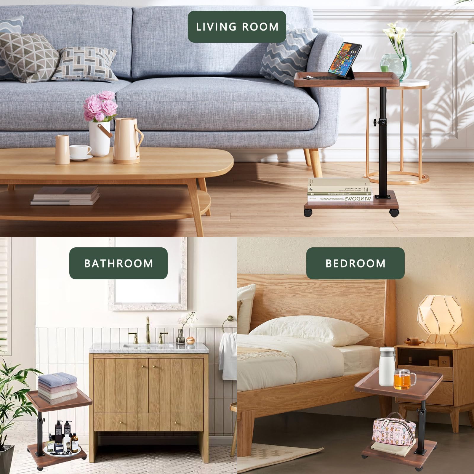 Tavolino Laterale Regolabile con Ruote – Altezza 45–80 cm, Design Rotante a 360°, Piano in MDF con Effetto Legno Noce, Struttura in Metallo Resistente, Tavolino Compatto per Divano, Letto, Sog