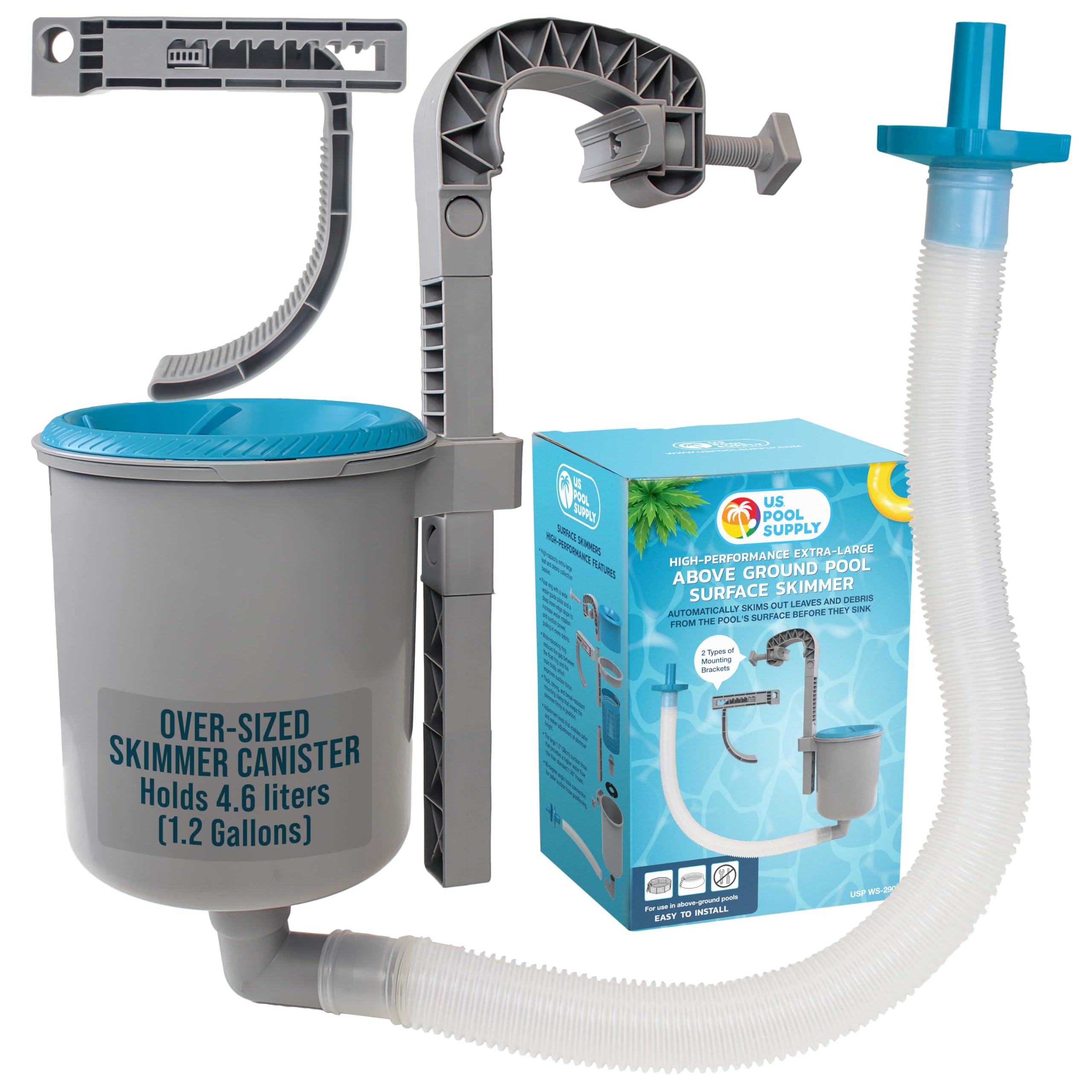 U.S. Pool Supply Above Ground Pool Skimmer, Wall Mount Surface Skimmer - Extra-Large Collection Basket, Automatically Skims Floating Leaves Debris, Attach to Inflatable Collars, Tubular, Metal Frames