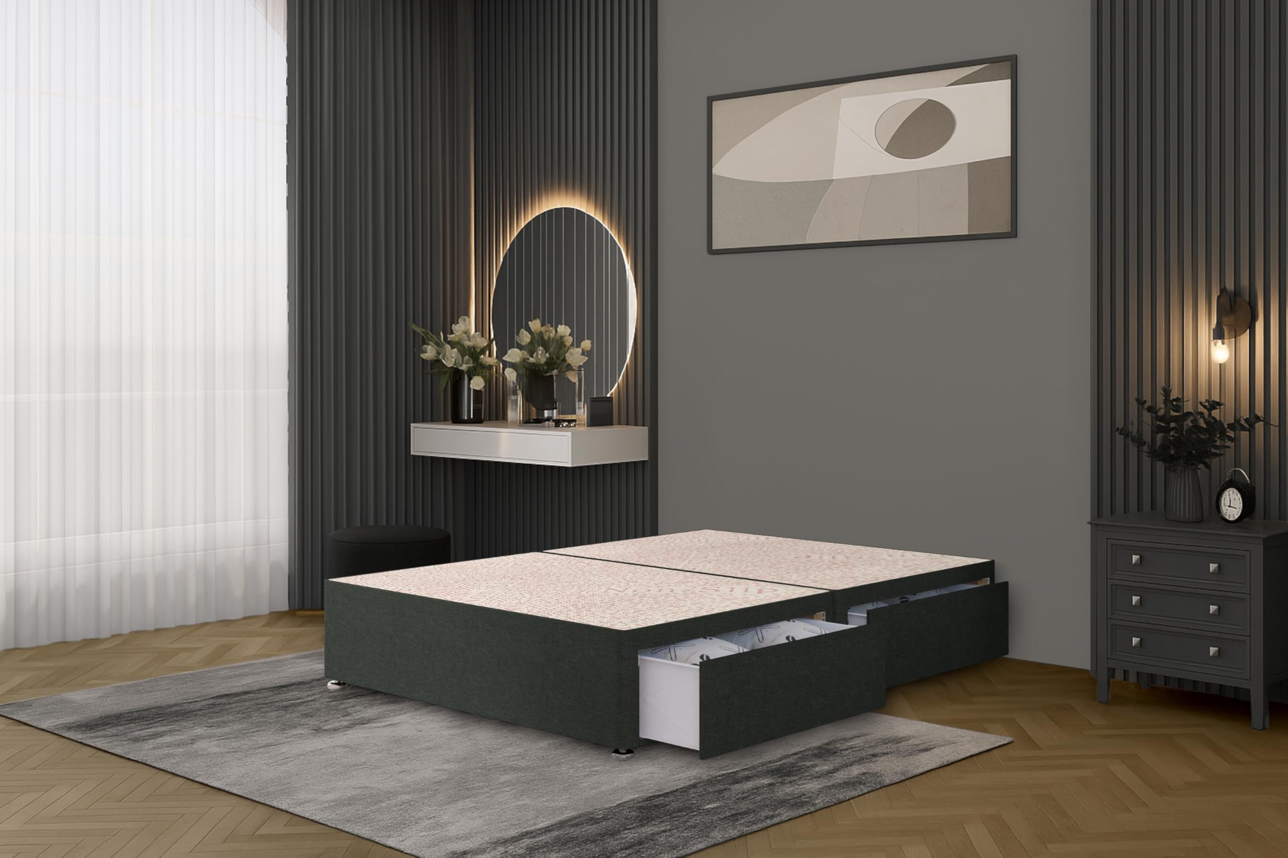 Bed Centre Flexby Divan Bed Base Only with 2 Drawers (Same Side), No Headboard - Available in 3FT, 4FT, 5FT and 6FT (4FT6 Double, Linen Grey Fabric) โ image 1