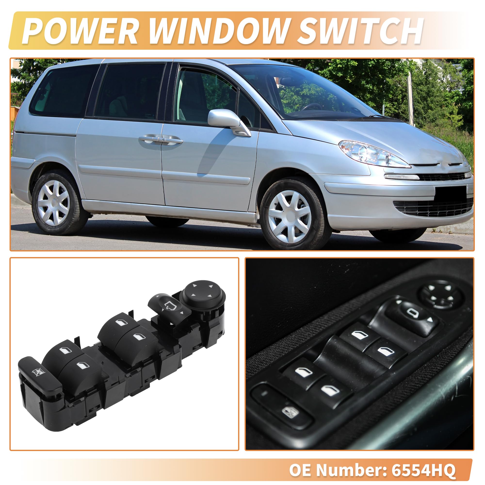 A ABSOPRO Interruptor De Ventana Eléctrica Para Citroen C5 01-08 1Pc | Delantero Izquierdo Conductor, Número Oe 6554Hq, Para Citroen C8 2002-2008, Para Peugeot 807 2002-2008, 9 Pines