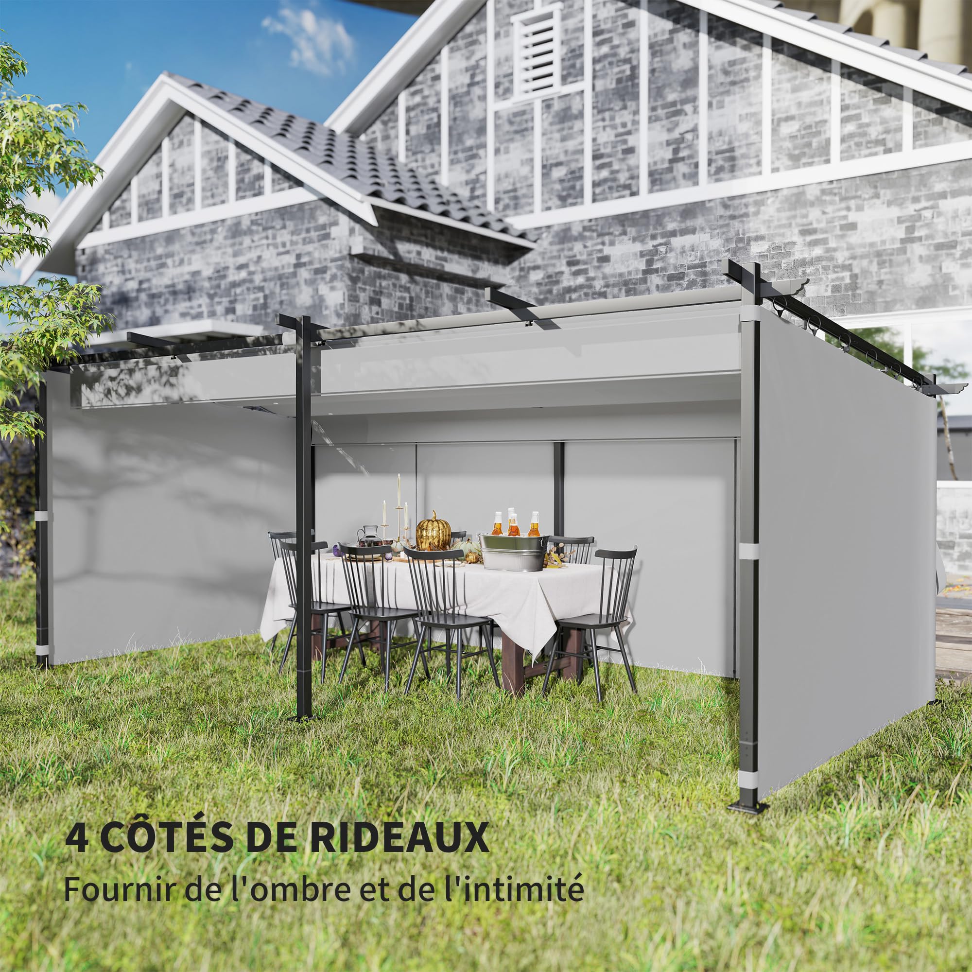 Outsunny Pergola rétractable 3 x 6 m avec Rideaux latéraux, tonnelle de Jardin en métal avec Protection Solaire UPF30+, abri pour terrasse, Patio, Gris Clair