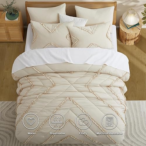 Miniatura 4 de BEDAZZLED Juego de edredón King  Edredón beige con volantes de 5 piezas, ropa de cama en una bolsa, edredón de cama texturizado, elegante juego de