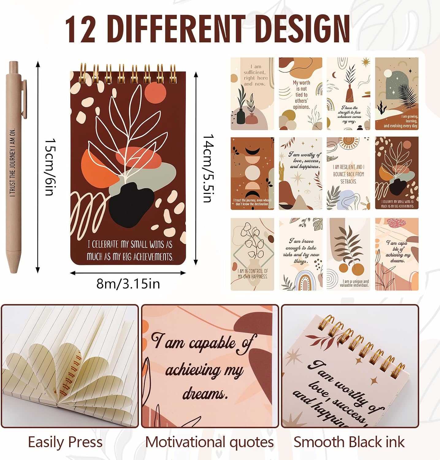 Thboxes Positive Affirmation Gift Set,12 Notebooks 3×5in 60 sheets with Pens,Bags-Compact Pocket Notes for Stress Relief and Self Care Motivation,Bulk Thank You Gifts for Women and Stude image 3