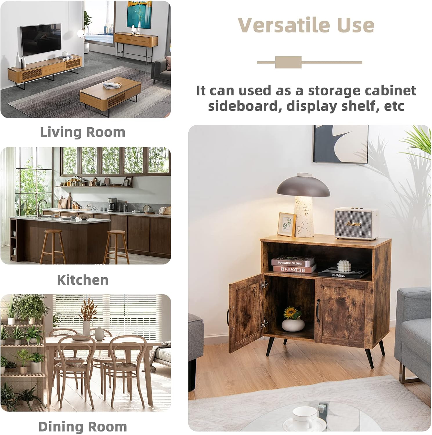 Giantex Mid-Century Storage Cabinet, Wooden Floor Cabinet with 2 Doors, Free-Standing Sideboard with Wine Glass Holders, Accent Side Cabinet for Living Room, Dining Room, Kitchen, Rustic Brown