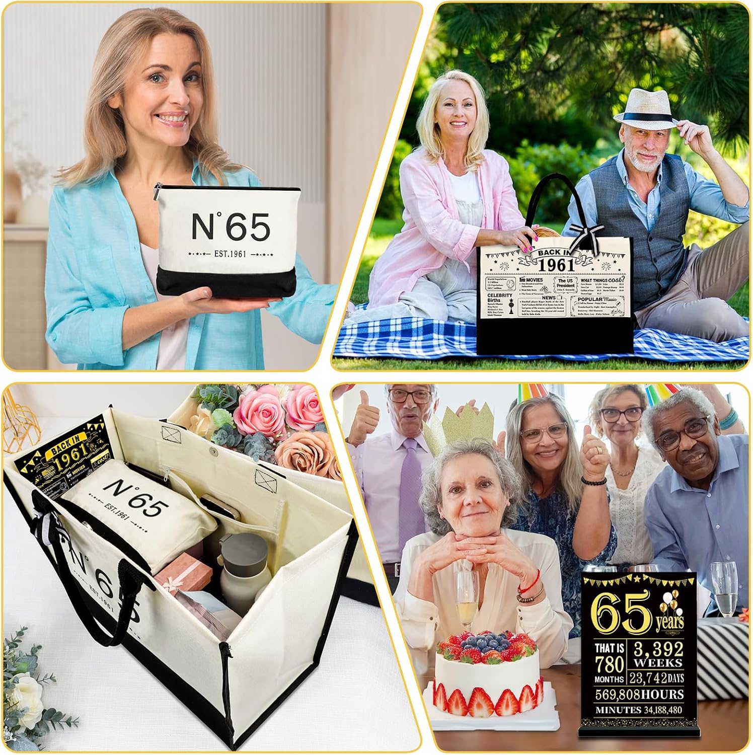 YeohJoy 65th Birthday Gifts for Women Reusable Grocery Bag, Unique 65 Years Old Birthday Gifts for Aunt Mom Wife Friends Sister Her, EST.1961 Bag & Makeup Bag & Back in 1961 Poster - Image 2