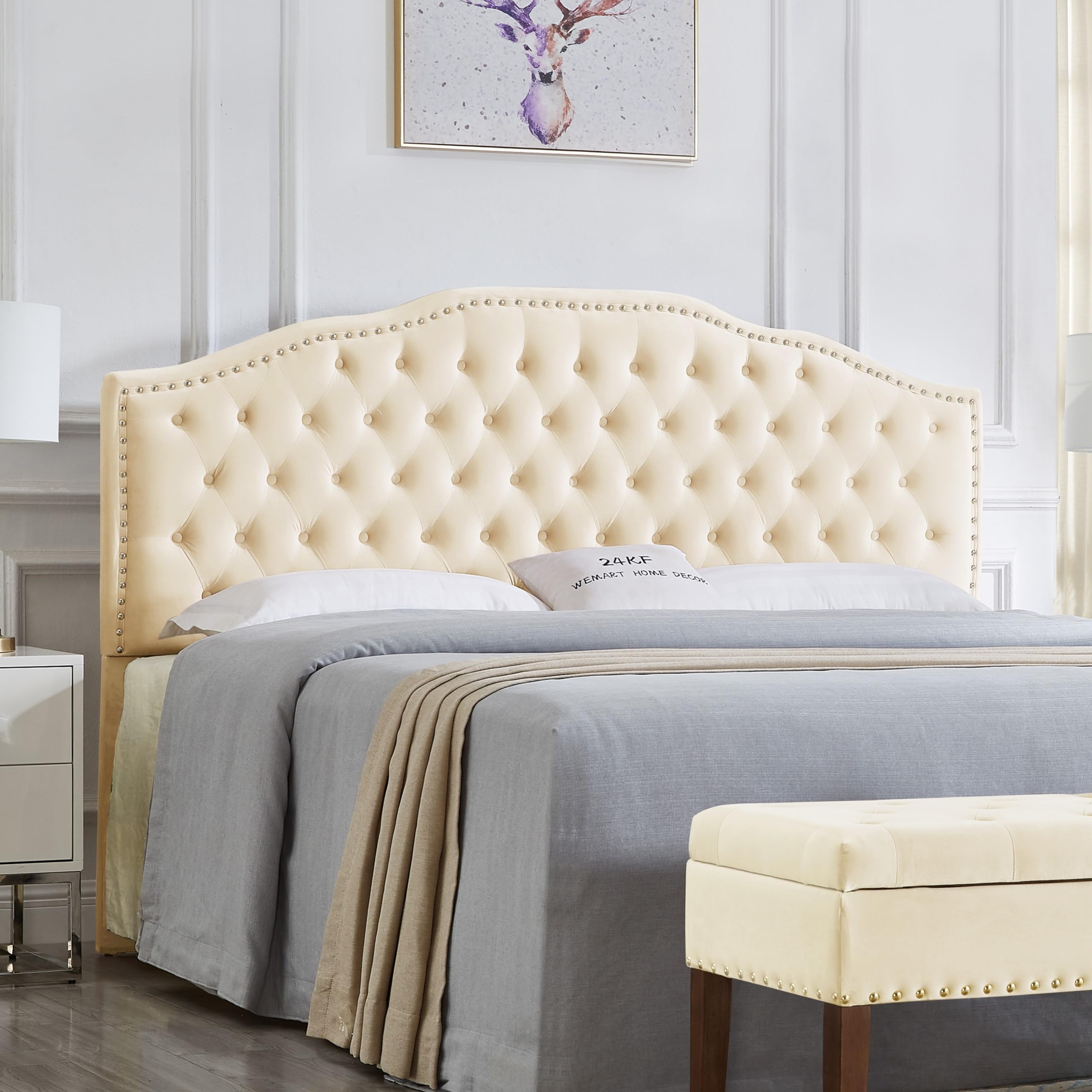 24KF Upholstered Button Tufted King Headboard with Nailhead Trim, Soft Velvet...