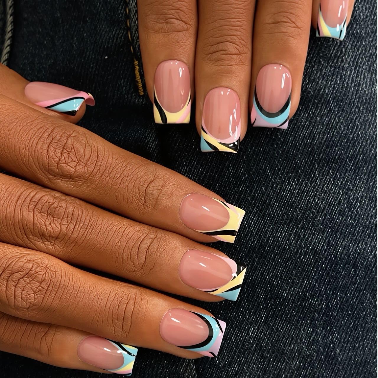 Handmade Press on Nails Short - Square Fake Nails with Hand-Painted Colorful Stripe French Designs, Nude Multi-Layer Gel False Nails Reusable Luxury Salon Acrylic Nails for Women (M)