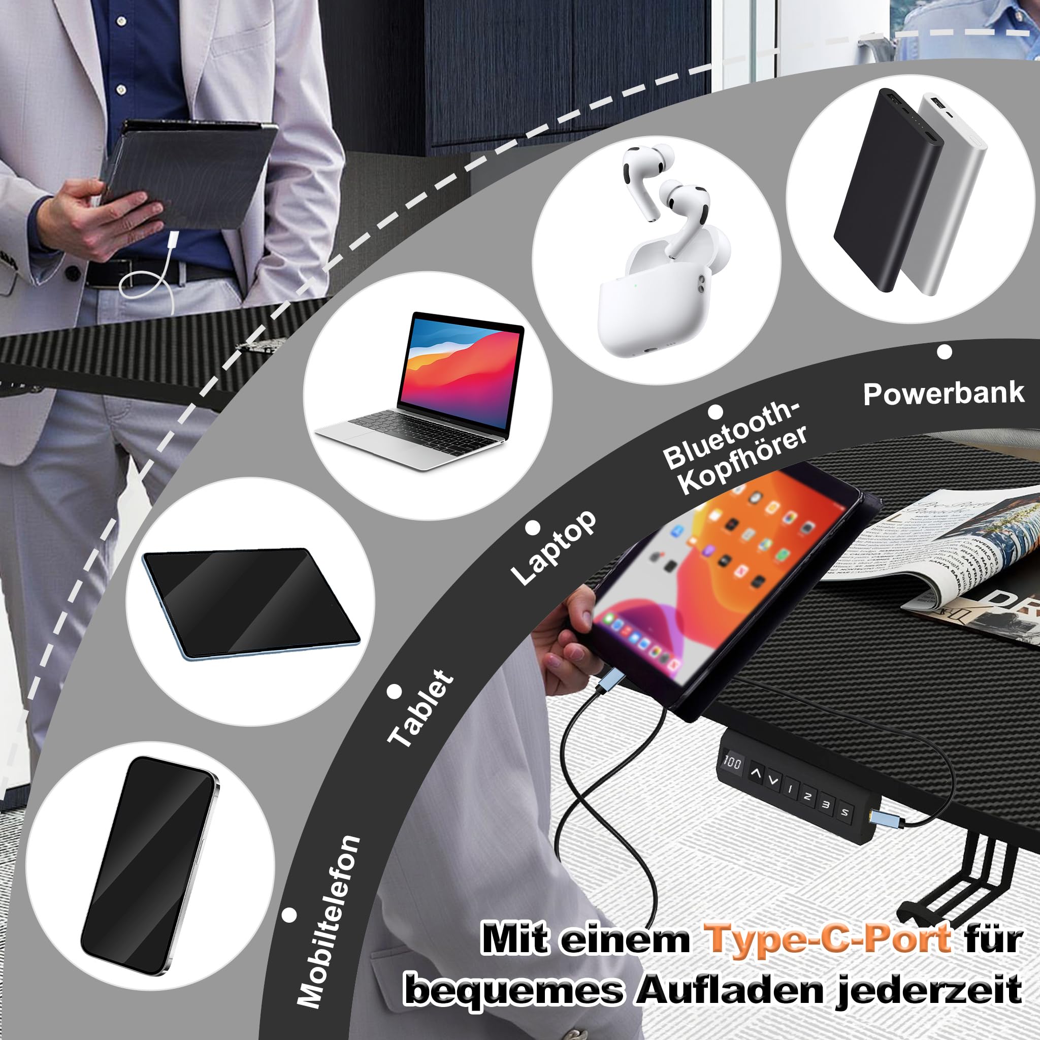 Froadp Höhenverstellbarer Schreibtisch 160x60cm Elektrischer Computertisch mit Memory-Funktion und Type C Ladeanschluss Verstellbarer Tisch Büro- und Gaming-Schreibtisch Schwarz, Tragkraft 80kg