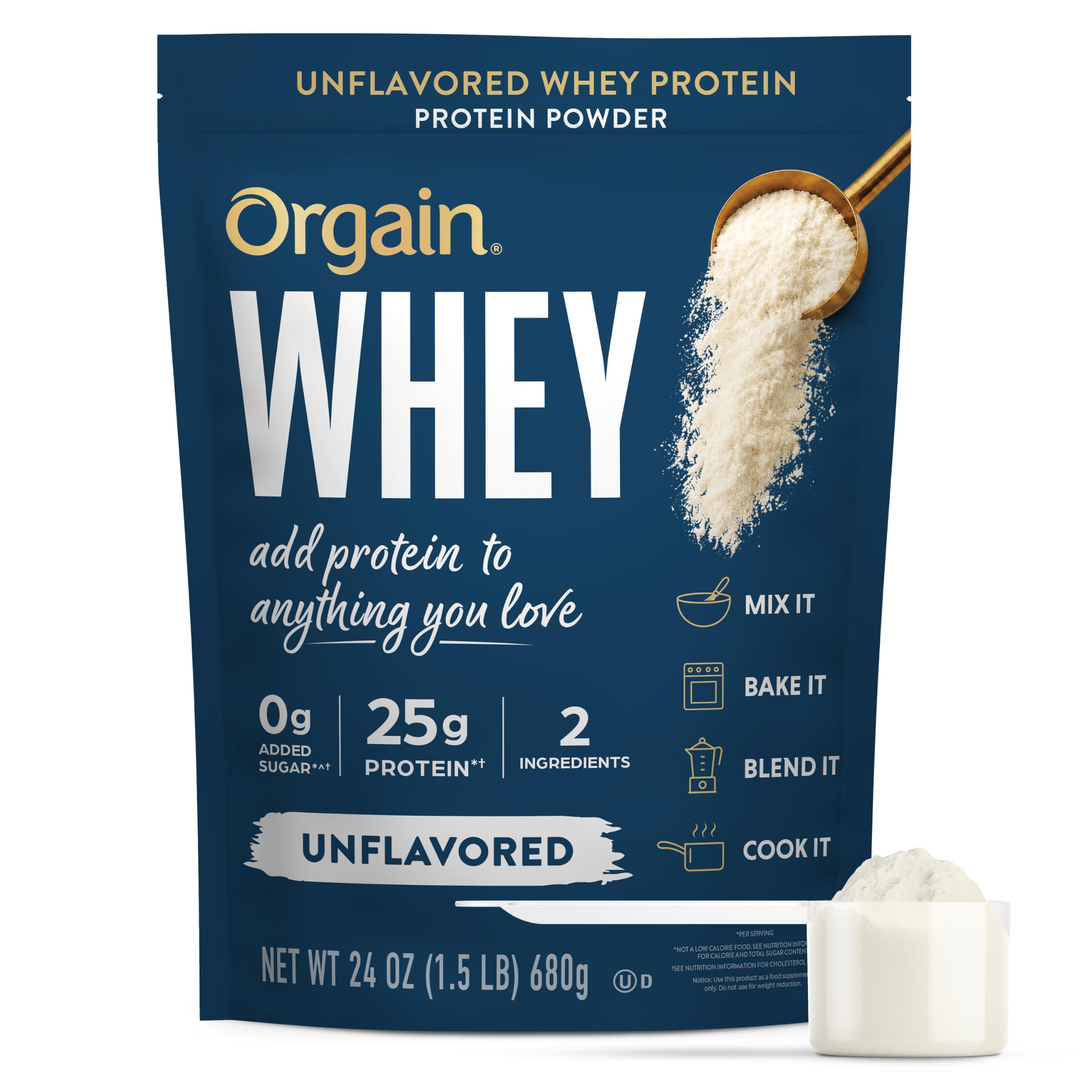 Orgain Whey Protein em Pó sem Sabor, 25 g por porção, 20 porções, 672 g
