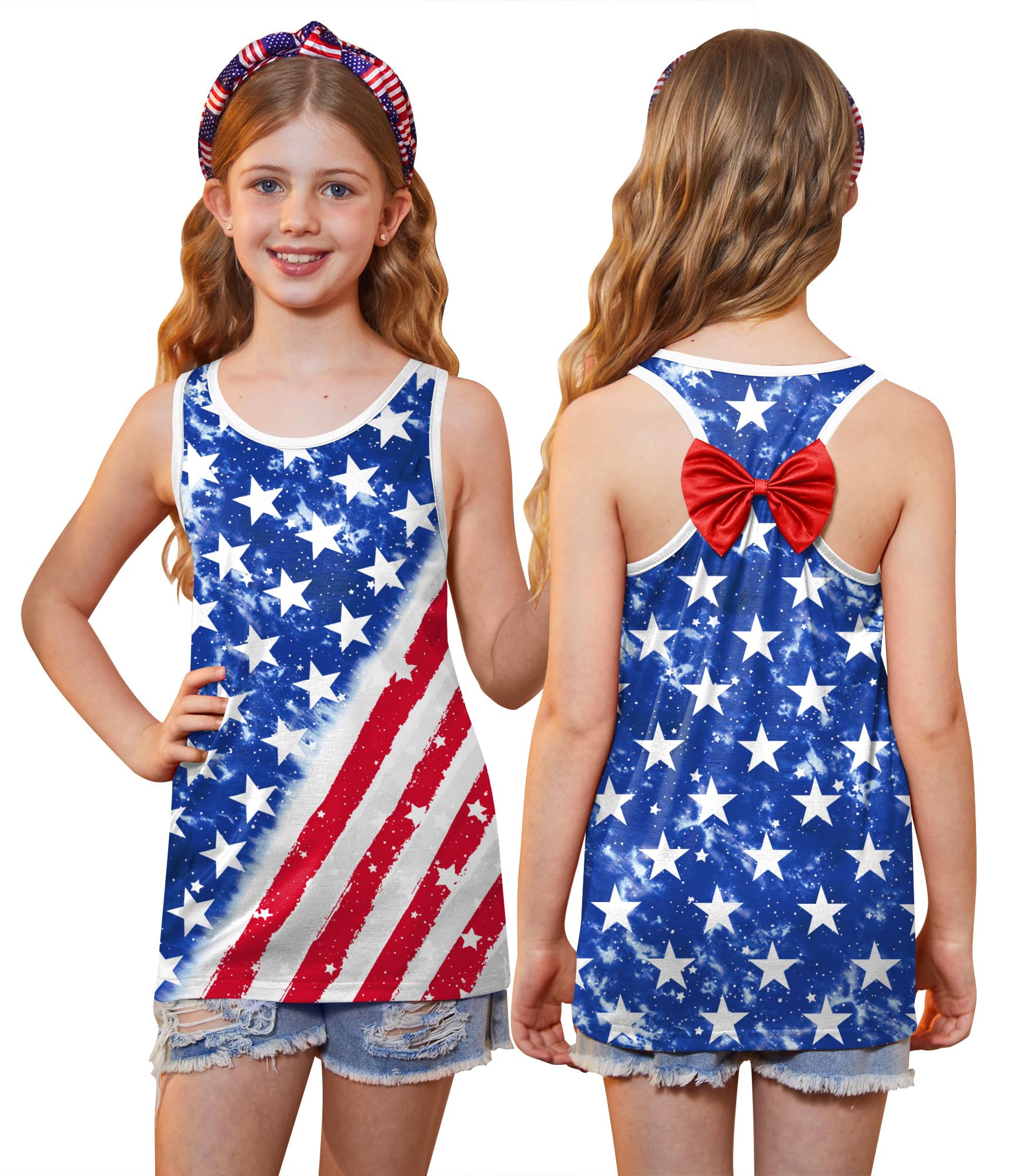 4th of July Girls Flag Tank Top Back Bow Sleeveless Patriotic Holidays T-Shirt 4-14 Years
