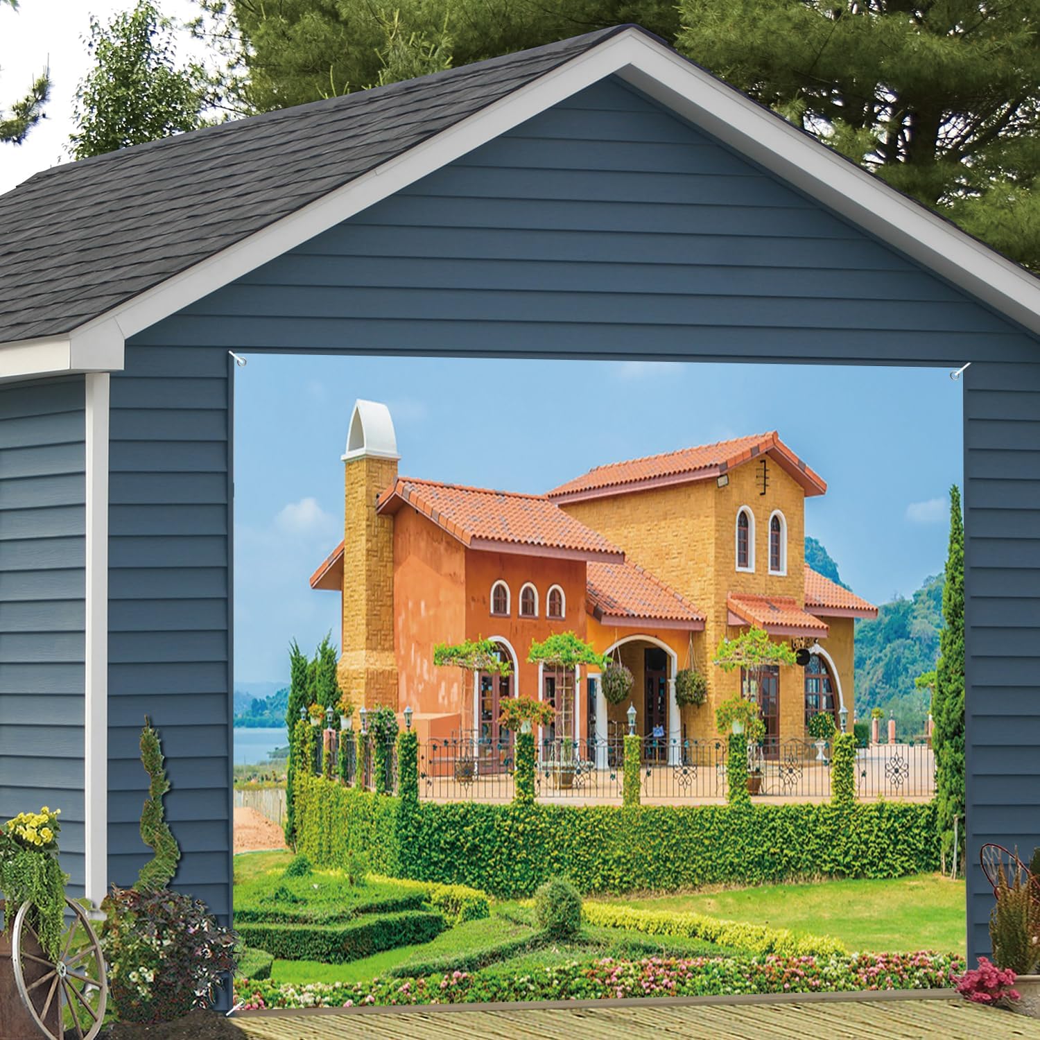 7x8ft Rural Cottage Garage Door Decor Brown Yellow Building Spring Green Lawn Tree Vine Garden Garage Door Cover for Natural Landscape Interior Decoration Wallpaper