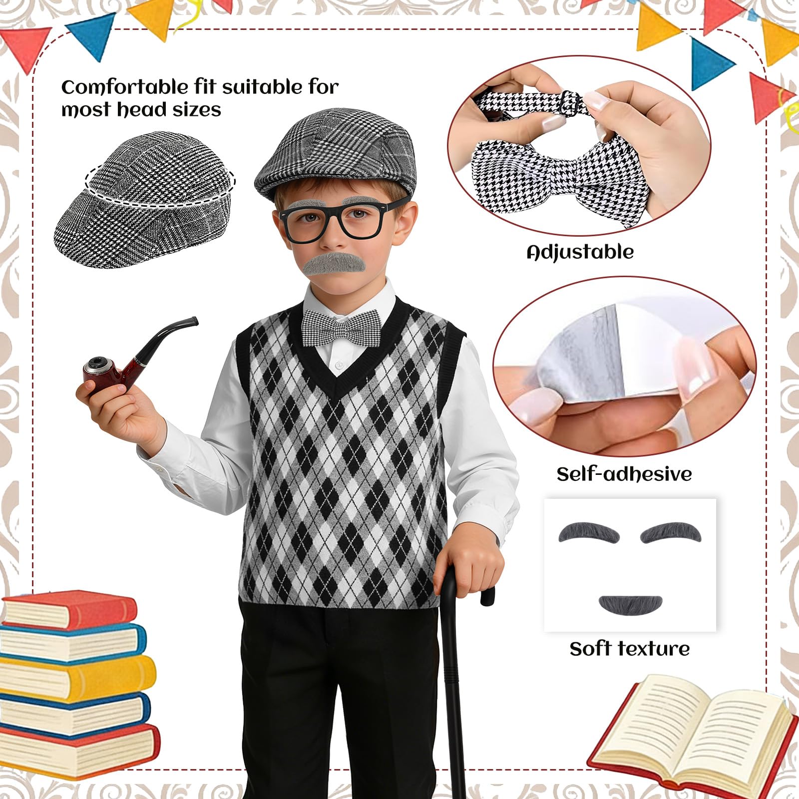 Disfraz de anciano para niños, 8 piezas, disfraz de abuelo de los 100 días de escuela de los años 20, sombrero, chaleco, bastón de corbata, disfraz divertido para Halloween, Día Mundial del Libro