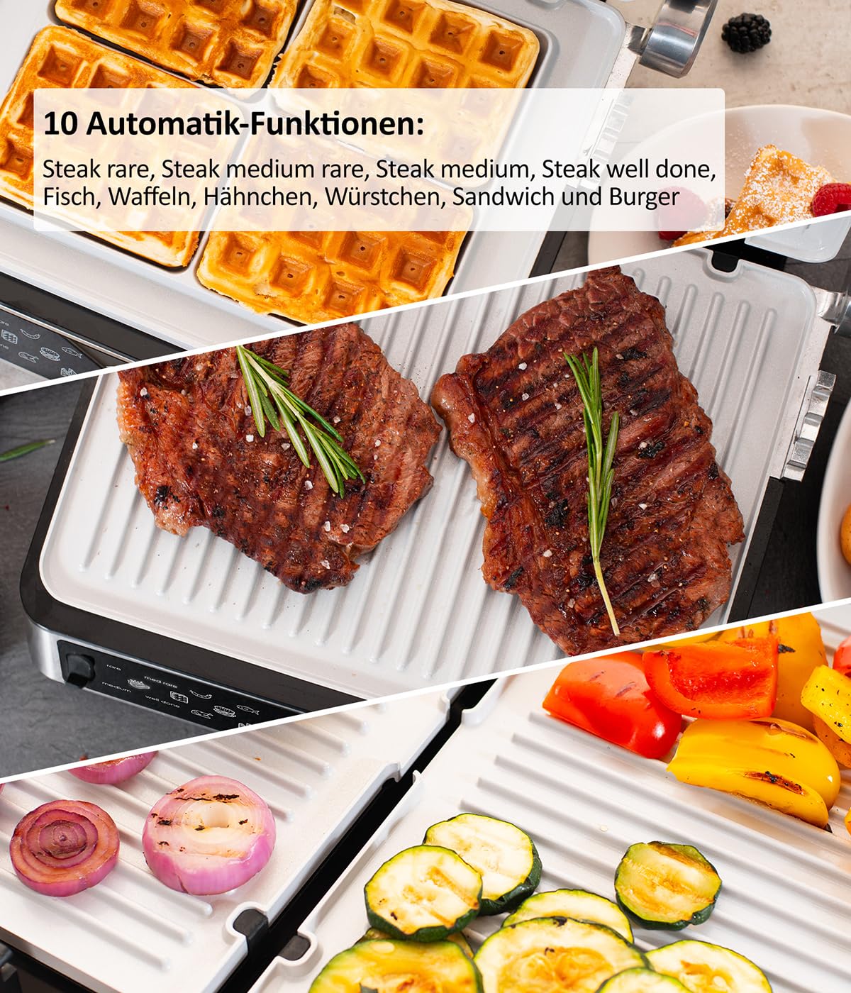 Genius Chef Kontaktgrill, Elektrogrill Edelstahl für Sandwiches Steak, abnehmbare Grillplatten, Sandwichtoaster, inkl. 2 Grillplatten, Set 6- tlg, Grau