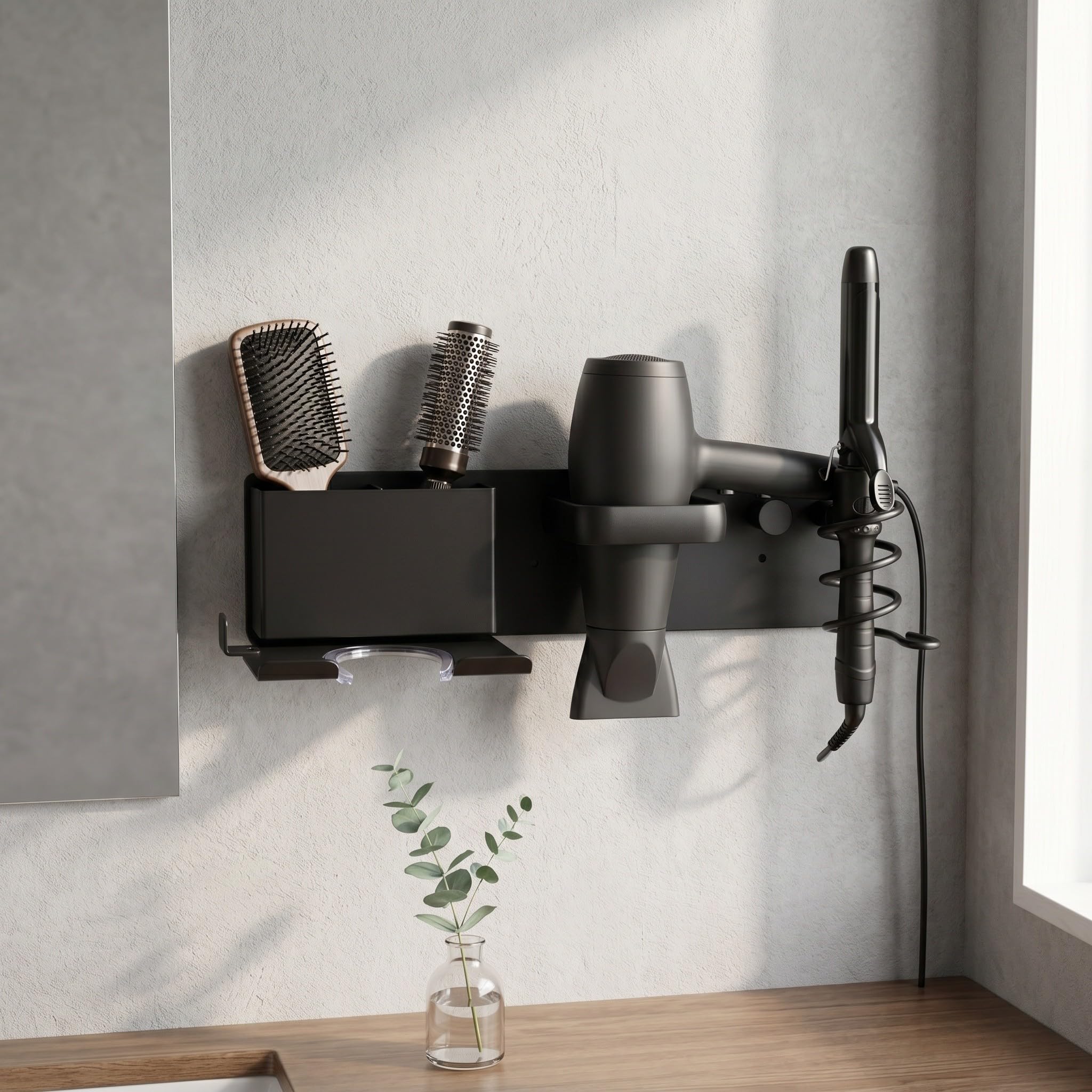 Kisangel Soporte de Pared para secador de Pelo, Organizador para secador, rizador y Plancha, Estante de Almacenamiento para baño, tocador y salón de Belleza.