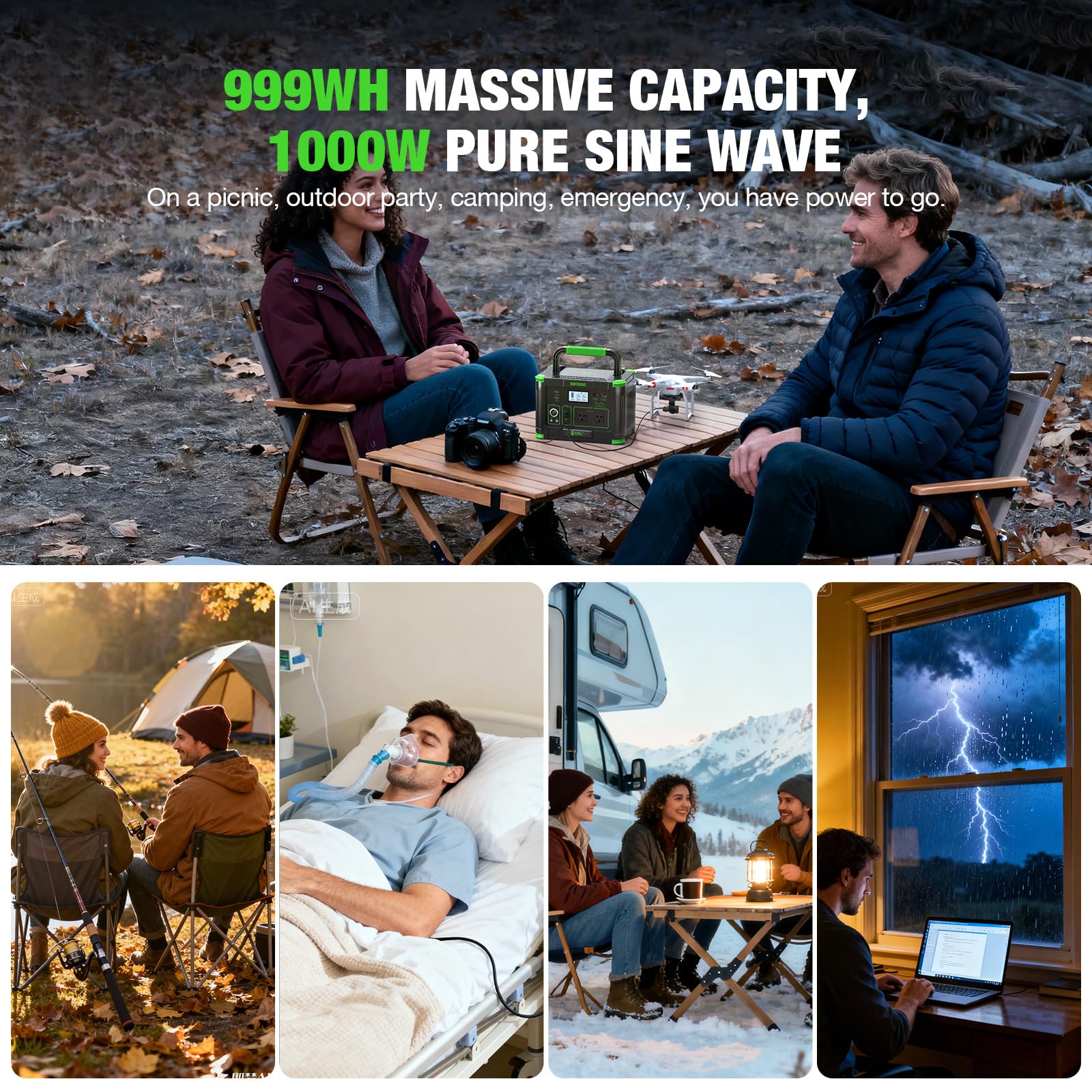 Solar Generator 1000W (Peak 2000W), EBL 999Wh Portable Power Station, 110V Pure Sine Wave AC Outlet with PD 60W USB-C Fast Charging, Outdoor Camping RV Van Home Backup Off-Grid Living