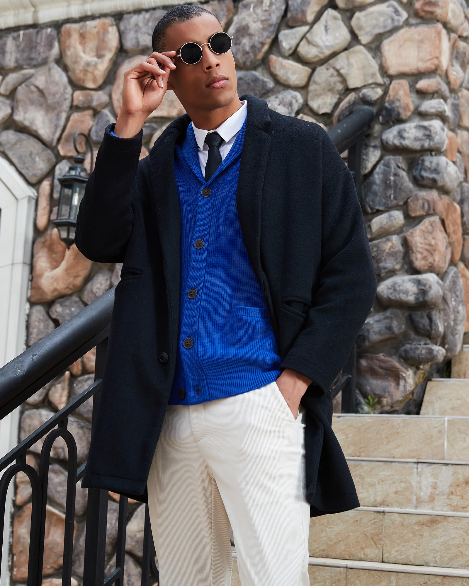Kallspin Maglione da Uomo Cardigan con Collo a Scialle con Bottone e Tasche in Lana