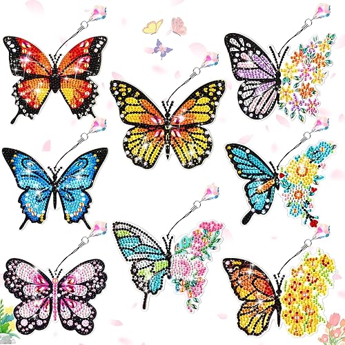 Yeaqee 8 marcapáginas de arte de diamante con diseño de mariposa 5D y colibrí de diamantes con colgante de cristal acrílico, kit de marcapáginas