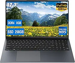 Laptop de 17 polegadas com teclado retroiluminado, teclado de fonte grande tamanho completo, Celeron N95 (até 3,4 GHz), 8 GB RAM 256 GB SSD, computadores com Win 11, RJ45, Tipo-C, webcam, Wi-Fi duplo