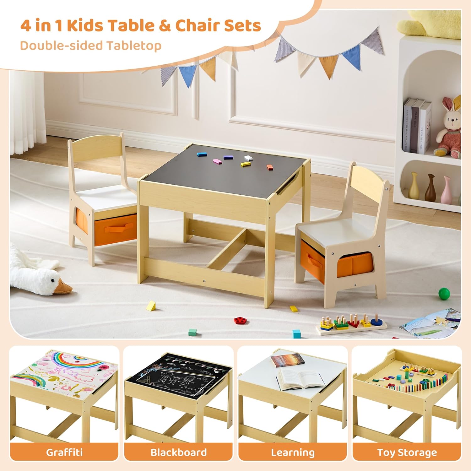 Kids Table and Chair Set, 4 in 1 Wooden Toddler Table and Chair Set with Storage, Detachable Tabletop for Children Drawing/Reading/Art Craft, Childrens Table for Home/Nursery/Daycare(Natural)