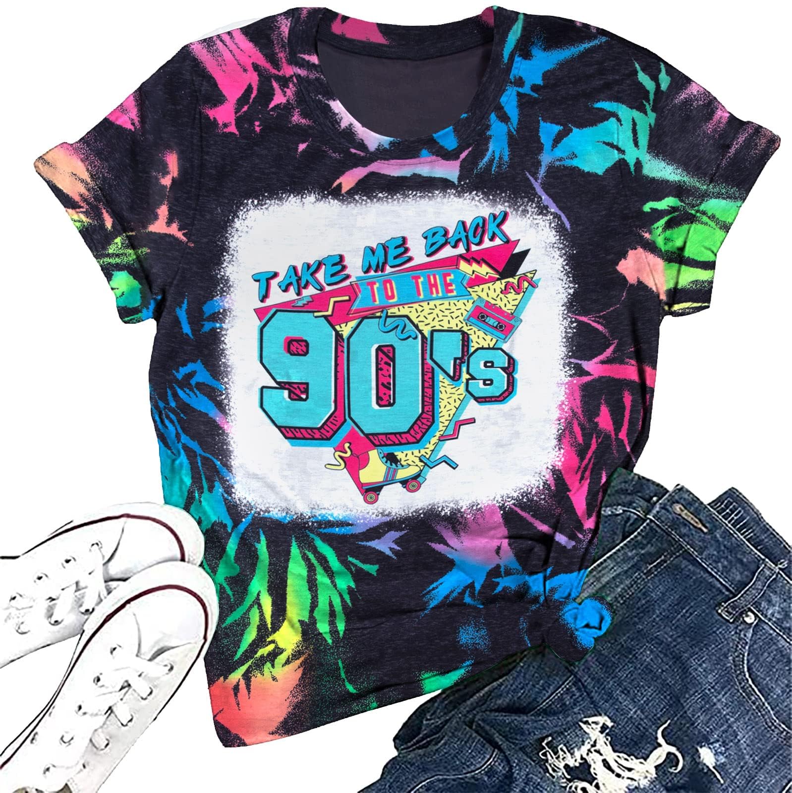 SUPEYA 90s Outfit for Women Take Me Back to The 90's Shirt Vintage Neon Crew Neck Tops Tee for Birthday Party Gift